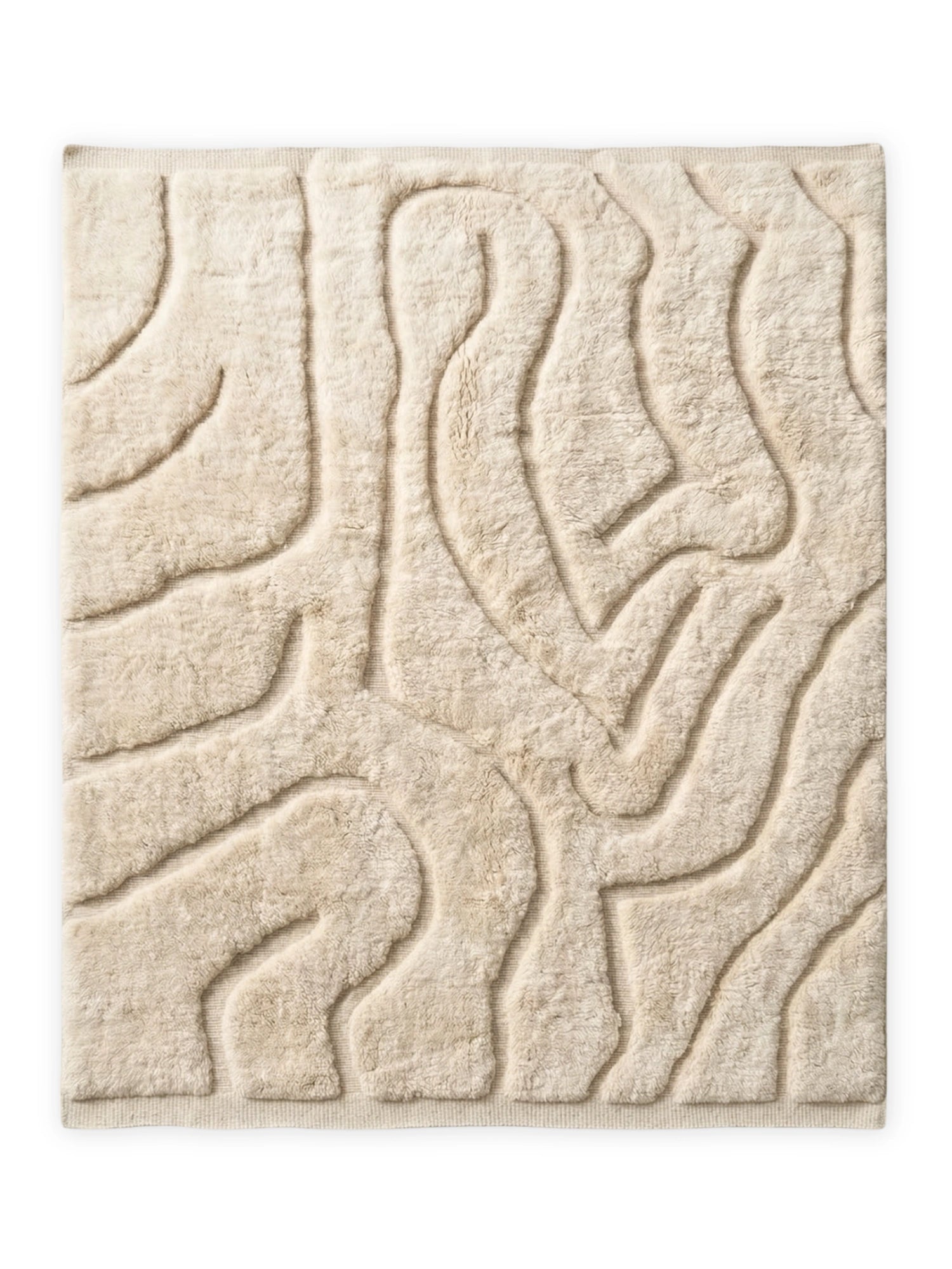 TCL Studios Trace Wool Rug, a premium cream wool area rug featuring a distinctive high-low pile that forms an organic, abstract topographical pattern. This plush, textured rug offers soft comfort and visual depth with its natural ivory tones and contemporary design. Perfect for adding organic modern style to a minimalist living room, cozy bedroom, or contemporary nursery.