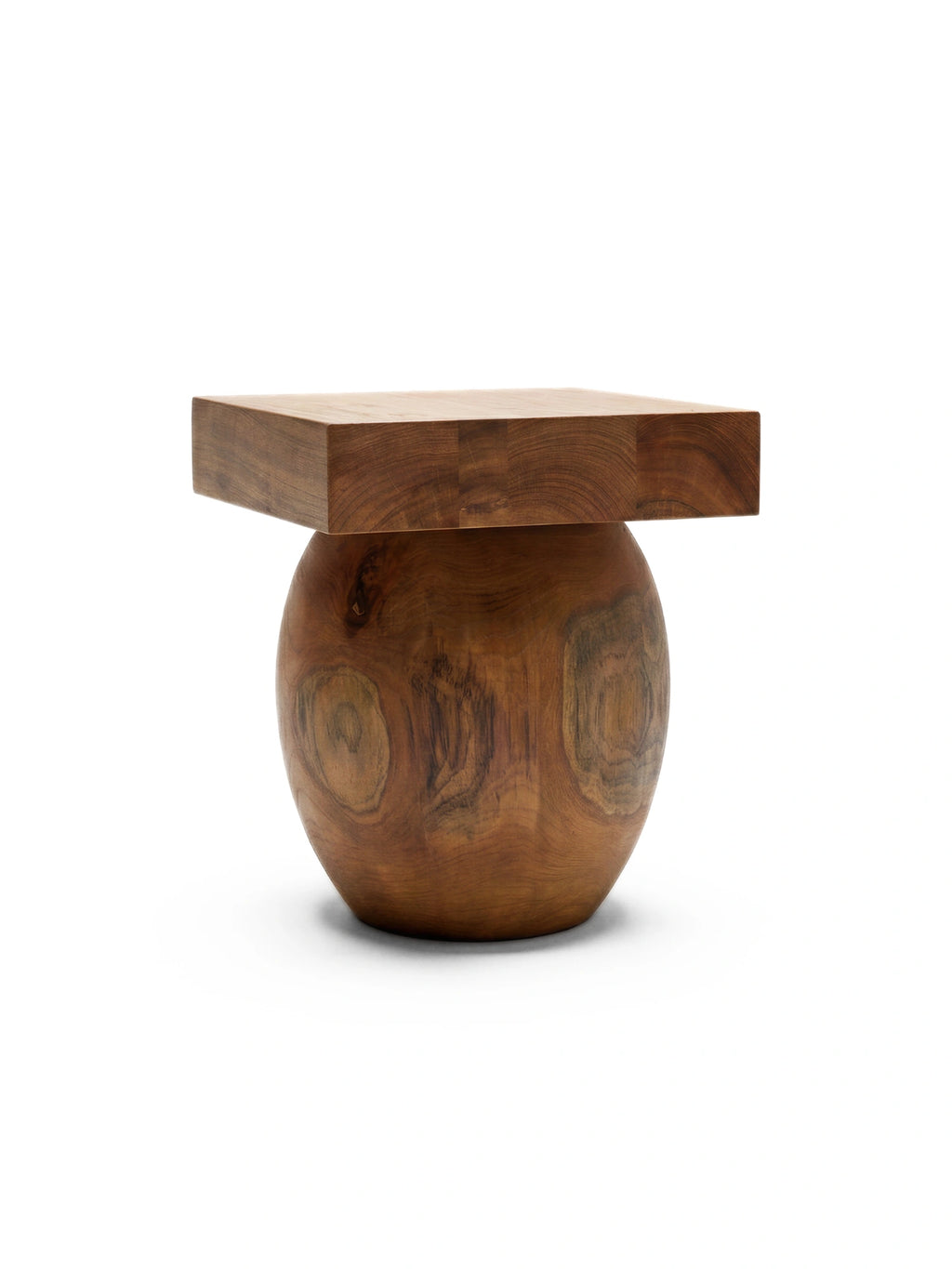 Heaps & Woods Valentina Stool, a sculptural organic modern accent table crafted from rich solid wood with a warm natural grain, featuring a minimalist thick square top resting on a distinctive spherical base. This contemporary solid wood stool is perfect as a unique side table for living rooms, a bedside table, or a stylish plant stand in minimalist and Japandi interiors.
