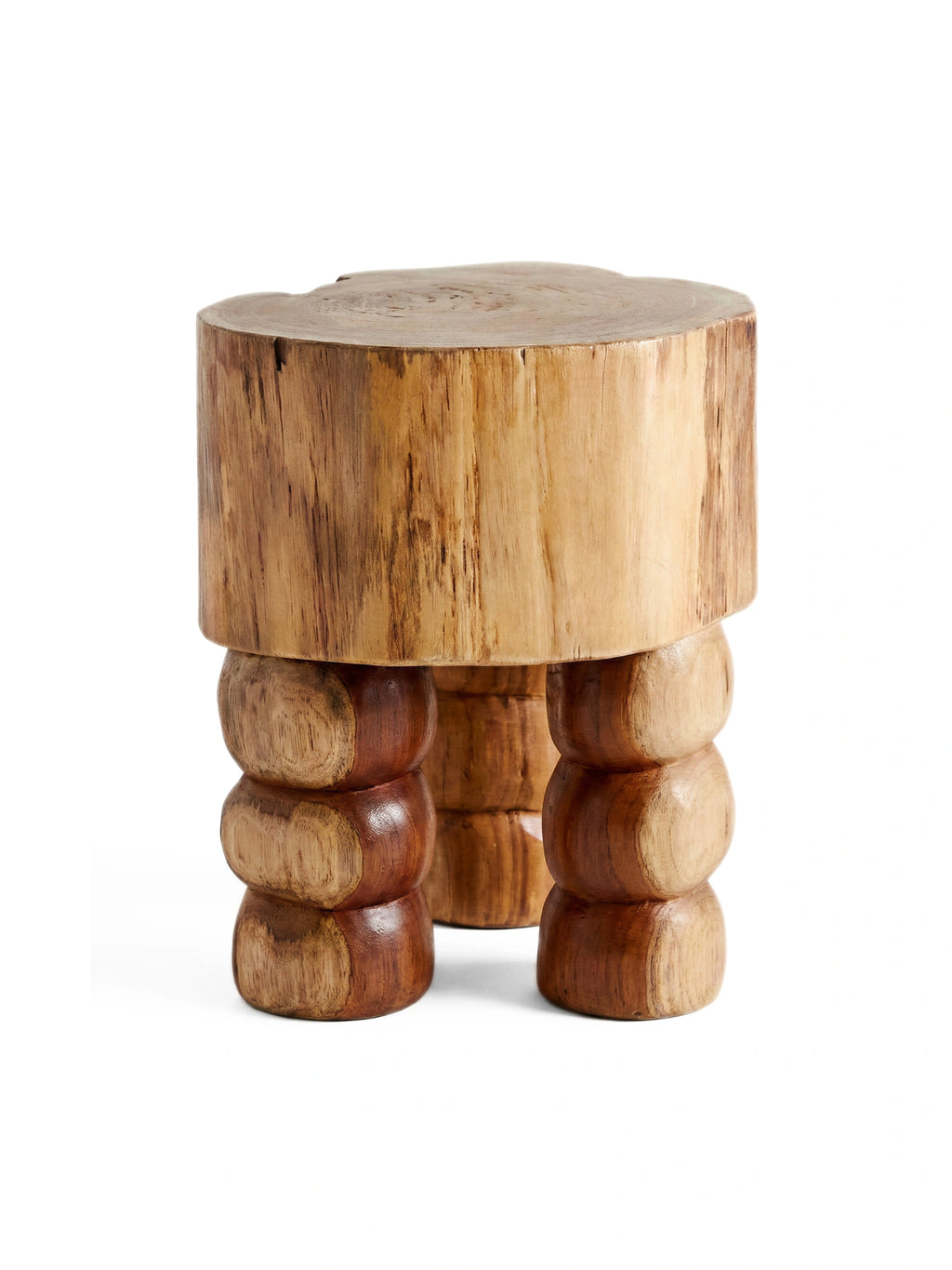 Heaps & Woods Vic Stool, a rustic organic modern accent piece crafted from natural solid wood, featuring a thick, light-toned tree stump slice top with visible grain and three bulbous, turned wood legs in varying brown and tan shades. This versatile solid wood stool is perfect as a unique side table, plant stand, or entryway accent in wabi-sabi or contemporary living spaces.