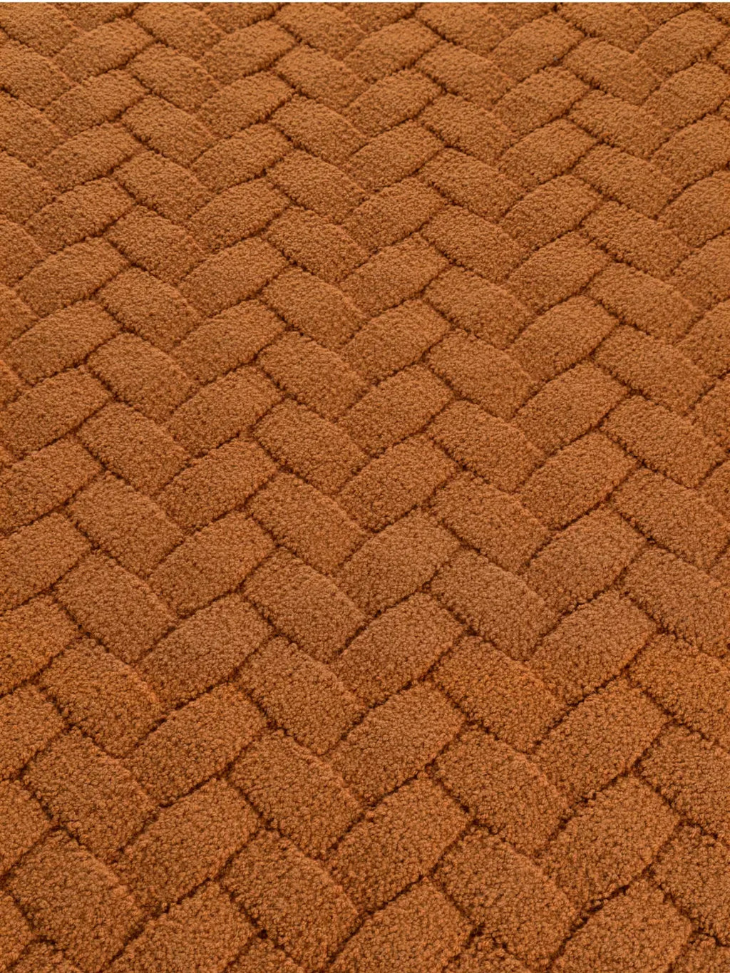alp_ Palma Bicolor Rug, a warm terracotta brown area rug featuring a plush, chunky woven texture. The distinctive basketweave pattern creates a rich, inviting surface with subtle tonal variations, evoking a handcrafted feel.