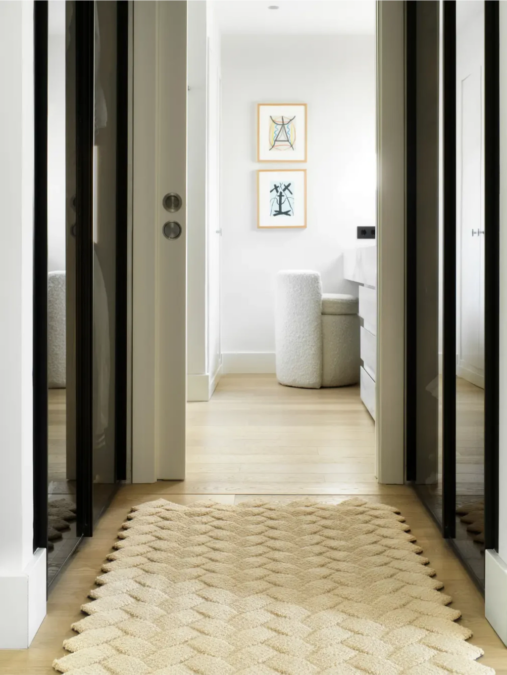 alp_ Palma Rug, a natural beige hand-woven wool runner rug featuring a distinctive raised geometric pattern and a plush, textured pile that creates a unique scalloped edge. This organic modern rug, with its soft sand and cream tones, adds warmth and sophisticated texture to any space. Ideal as a minimalist hallway runner, entryway rug, or for a cozy bedroom accent in contemporary and boho-chic interiors.