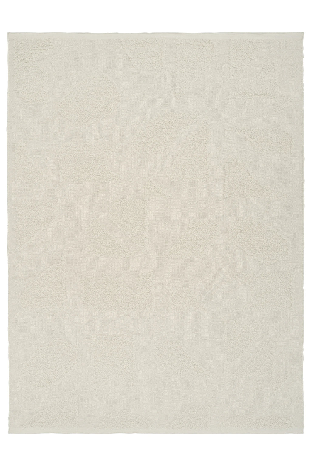Linie Design Polar Angels Wool Rug, a plush cream-colored wool area rug featuring a subtle textured geometric pattern with raised organic shapes in a soft off-white hue. This modern minimalist rug is ideal for Scandinavian living rooms, cozy bedrooms, or contemporary open-plan spaces, offering a neutral yet inviting aesthetic.