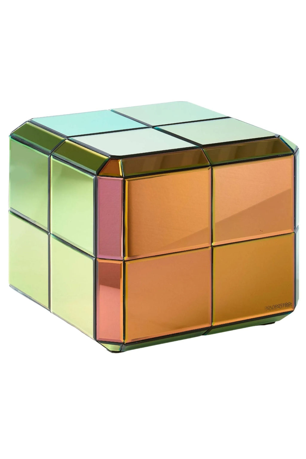 POLSPOTTEN Pixel Coffee Table, a modern geometric cube coffee table crafted from color-shifting iridescent mirrored glass panels, creating a dynamic display of green, blue, orange, and pink hues. This playful and contemporary coffee table is an ideal statement piece for modern living rooms and design-forward spaces.