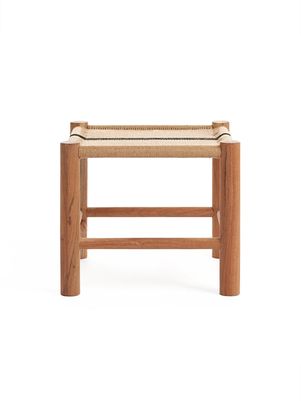 GAN Rugs Roots 01 Stool, a solid teak wood stool featuring a warm natural finish and a sturdy hand-woven natural fiber seat in a light beige tone with a subtle black stripe detail. This organic modern accent stool offers versatile extra seating or can function as a stylish side table for Scandinavian, rustic, or contemporary living rooms, bedrooms, and entryways.