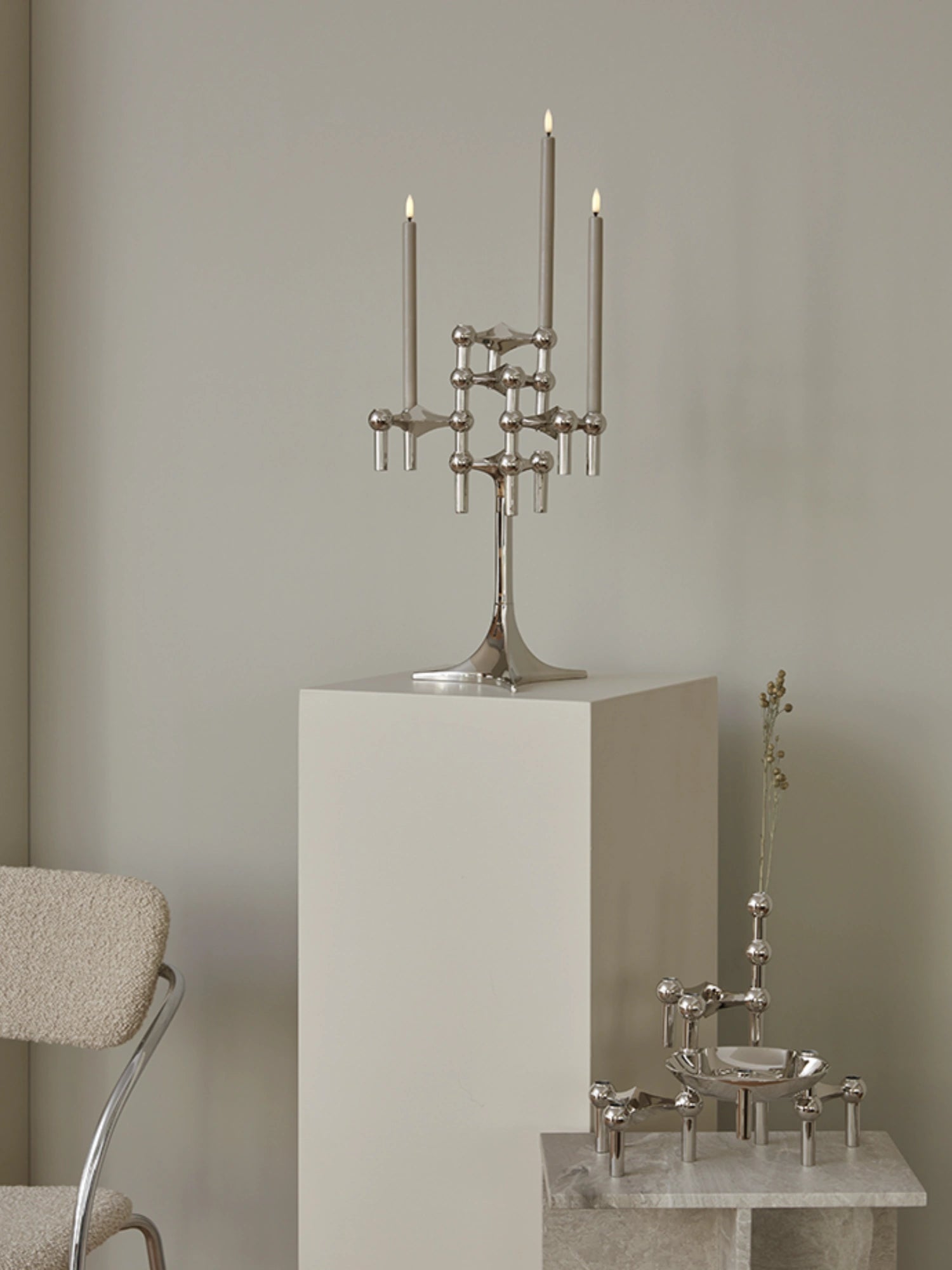 Stoff Nagel LED Candles - Set of 2, a pair of elegant grey flameless taper candles designed for the iconic Stoff Nagel candelabra, featuring a realistic flickering LED flame and smooth matte finish.
