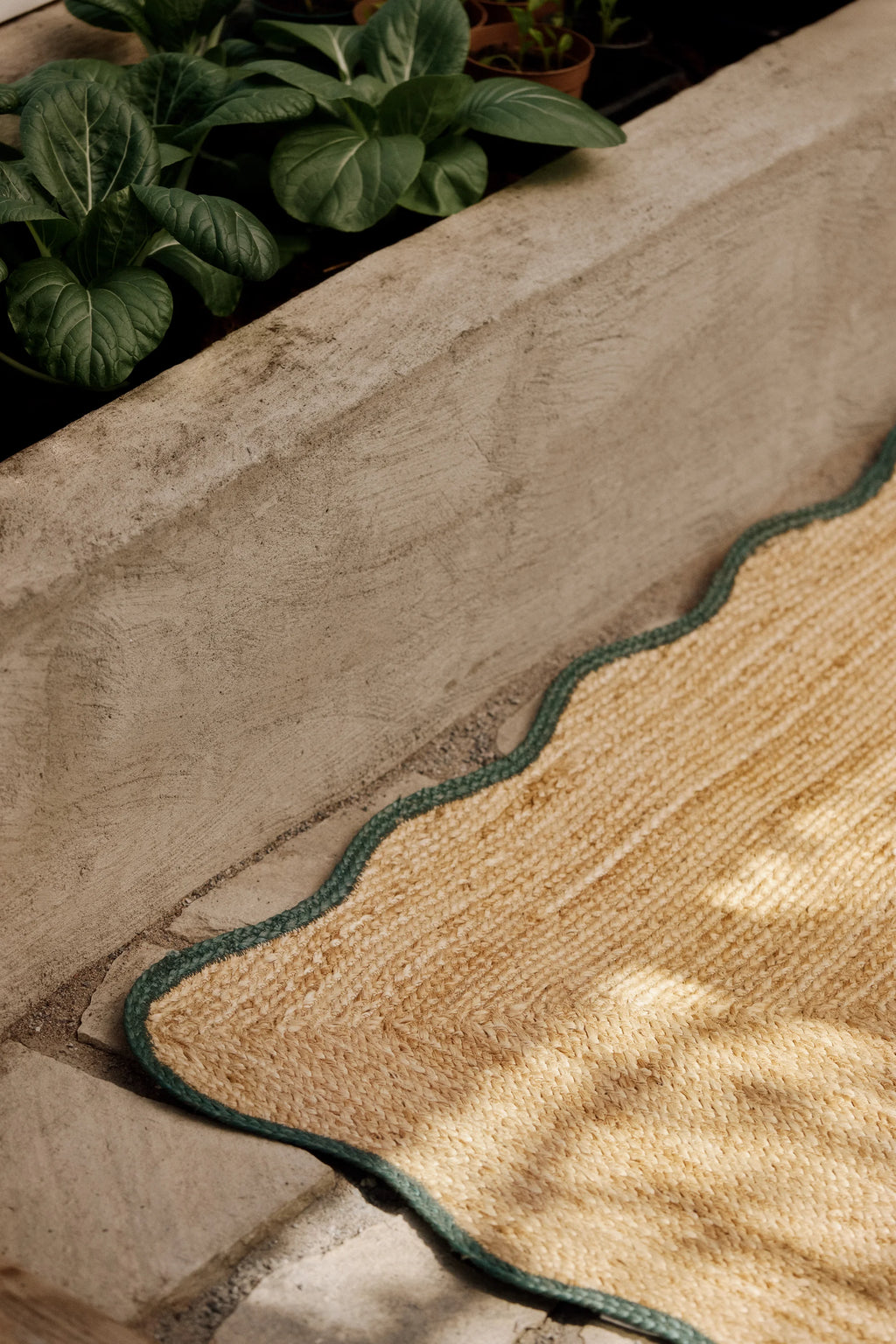 Rug with green border on stone floor