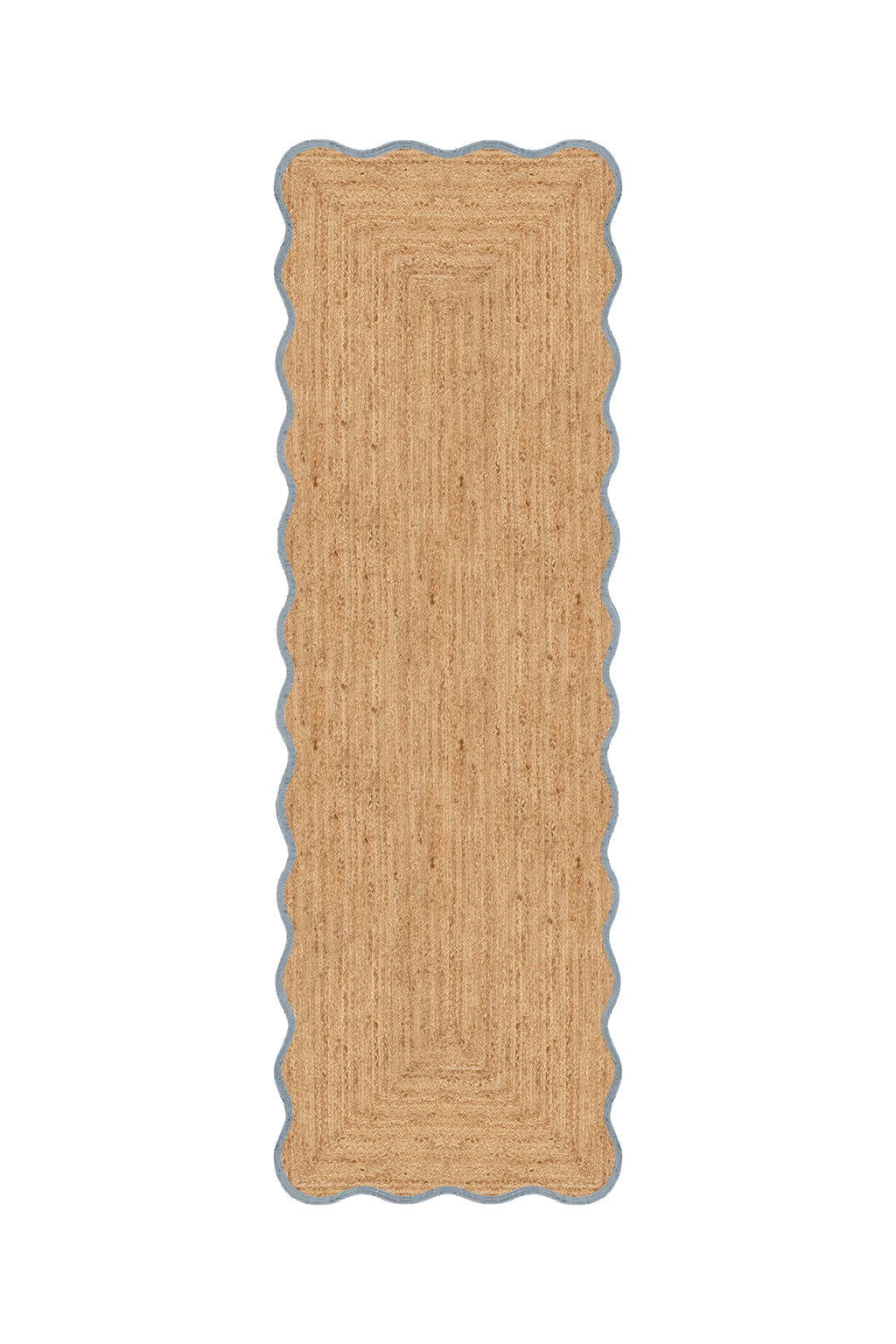 Rectangular jute rug with scalloped edge on a white background