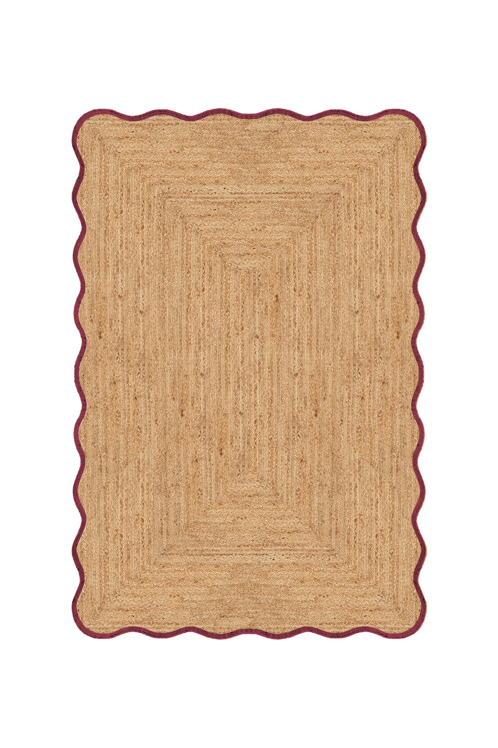 Beige braided rug with a scalloped edge on a white background