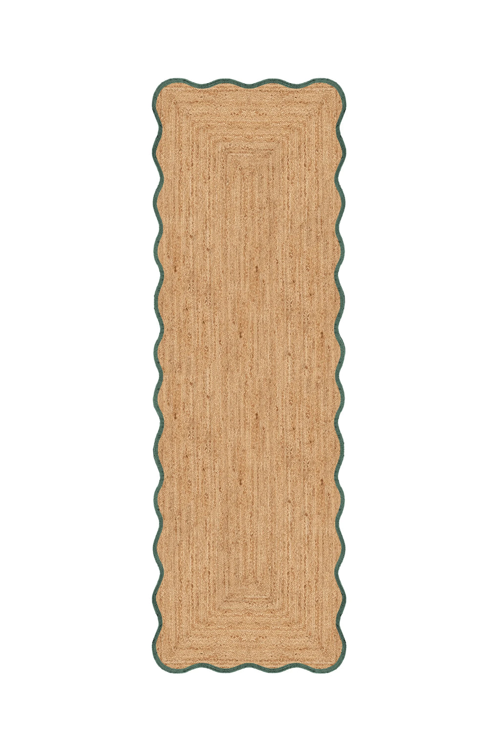 Rectangular jute rug with scalloped edge on a white background