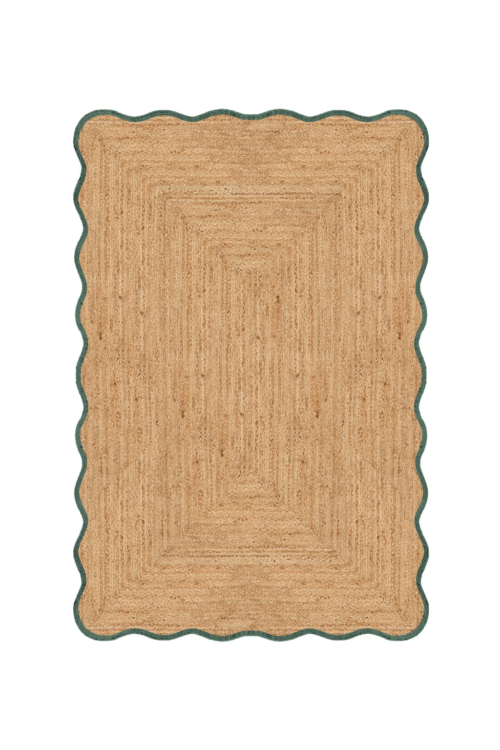 Beige braided rug with a scalloped edge on a white background