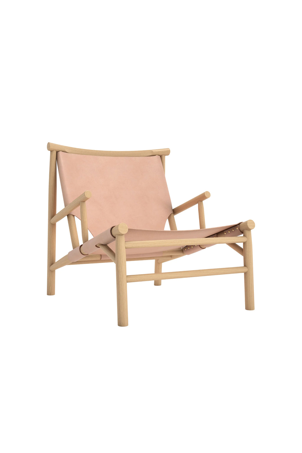 NORR11 Samurai Chair, a minimalist and elegant lounge chair crafted from light natural oak wood, featuring a comfortable sling-style seat and backrest made from soft, blush pink leather, on a white background.