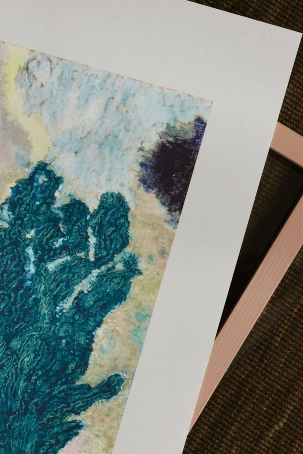 The Poster Club Vinca, an abstract art print featuring a vibrant, organic composition with heavily textured deep teal and light blue forms, highlighted by pale yellow, sandy beige, and dark indigo tones.