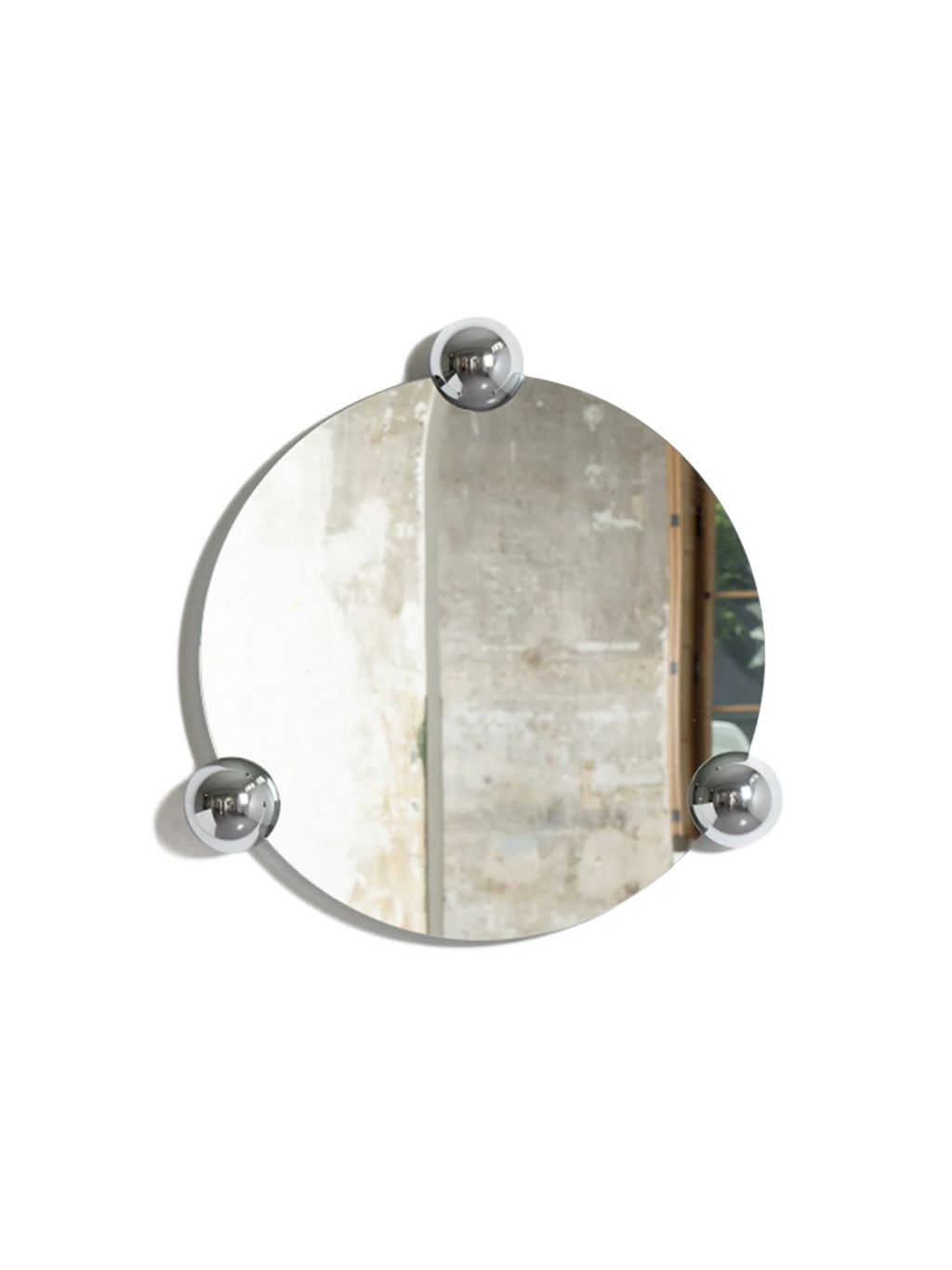 Moustache Sphera Orbit Mirror, a contemporary round mirror with three polished chrome sphere accents, creating a unique, minimalist design, reflecting a subtle interior scene, displayed on a clean white background.