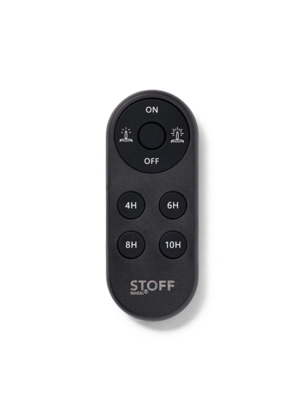 Stoff Nagel LED Candles - Set of 2, featuring a sleek matte black wireless remote control with intuitive white ON/OFF, dimming, and timer buttons (4H, 6H.