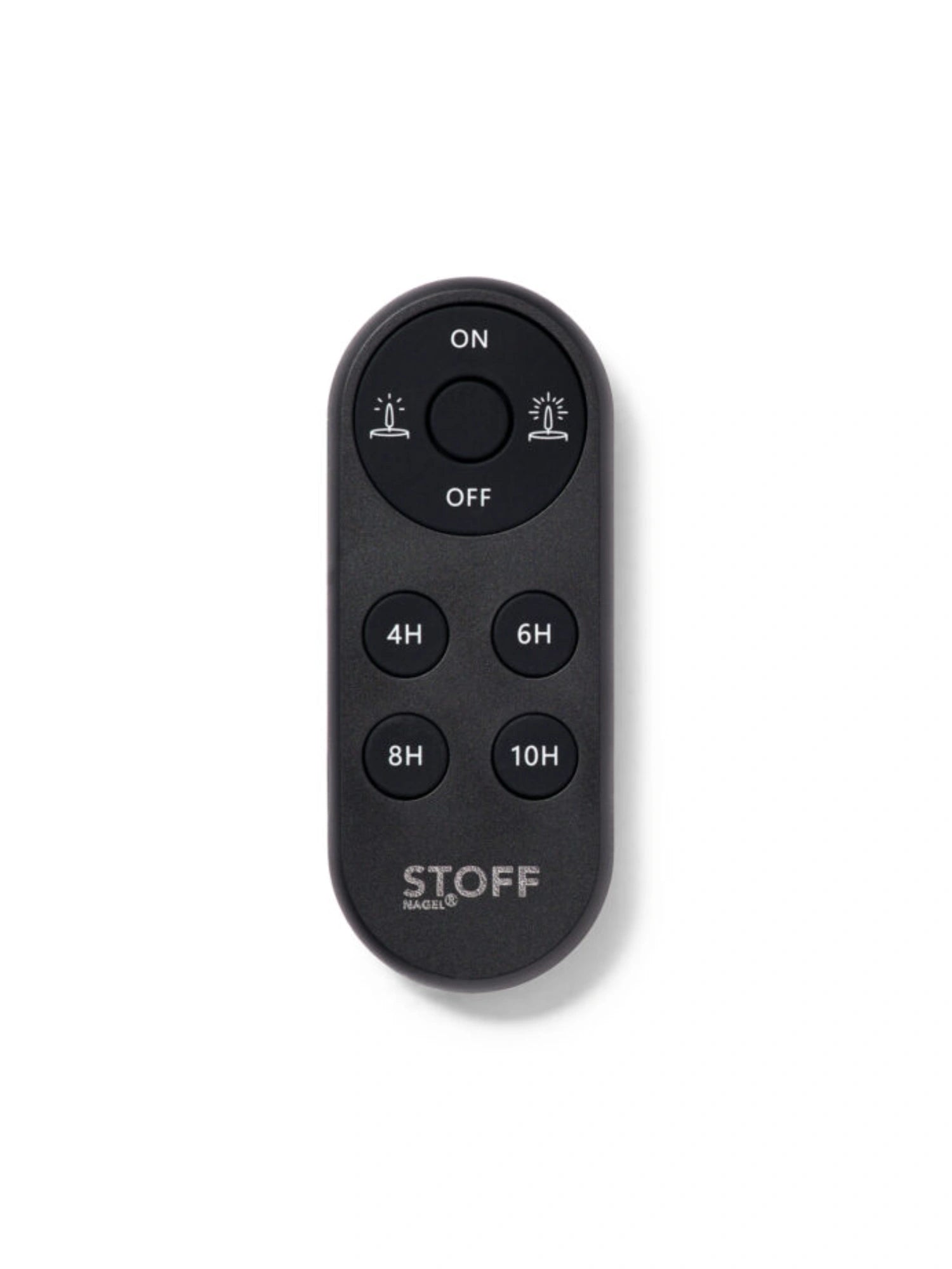 Stoff Nagel LED Candles - Set of 2, featuring a sleek matte black wireless remote control with intuitive white ON/OFF, dimming, and timer buttons (4H, 6H.