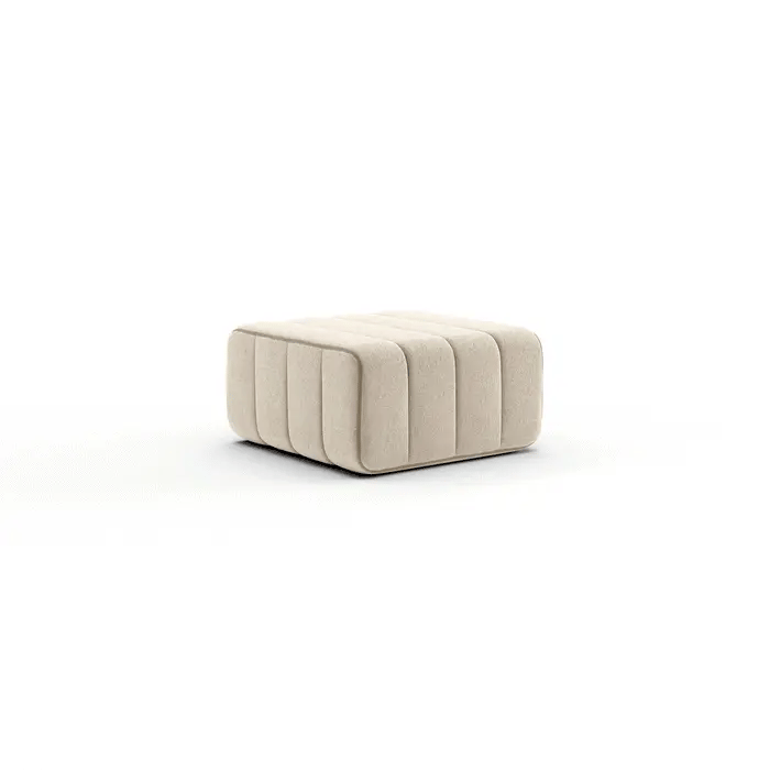 Ambivalenz Curt Modular Sofa System - Fabric Dama, a modern minimalist cream fabric ottoman featuring soft channeled upholstery and gently rounded edges, designed as a flexible component for a contemporary modular sofa. This versatile beige pouf provides comfortable extra seating or a stylish footrest for modern living rooms and adaptable lounge areas.