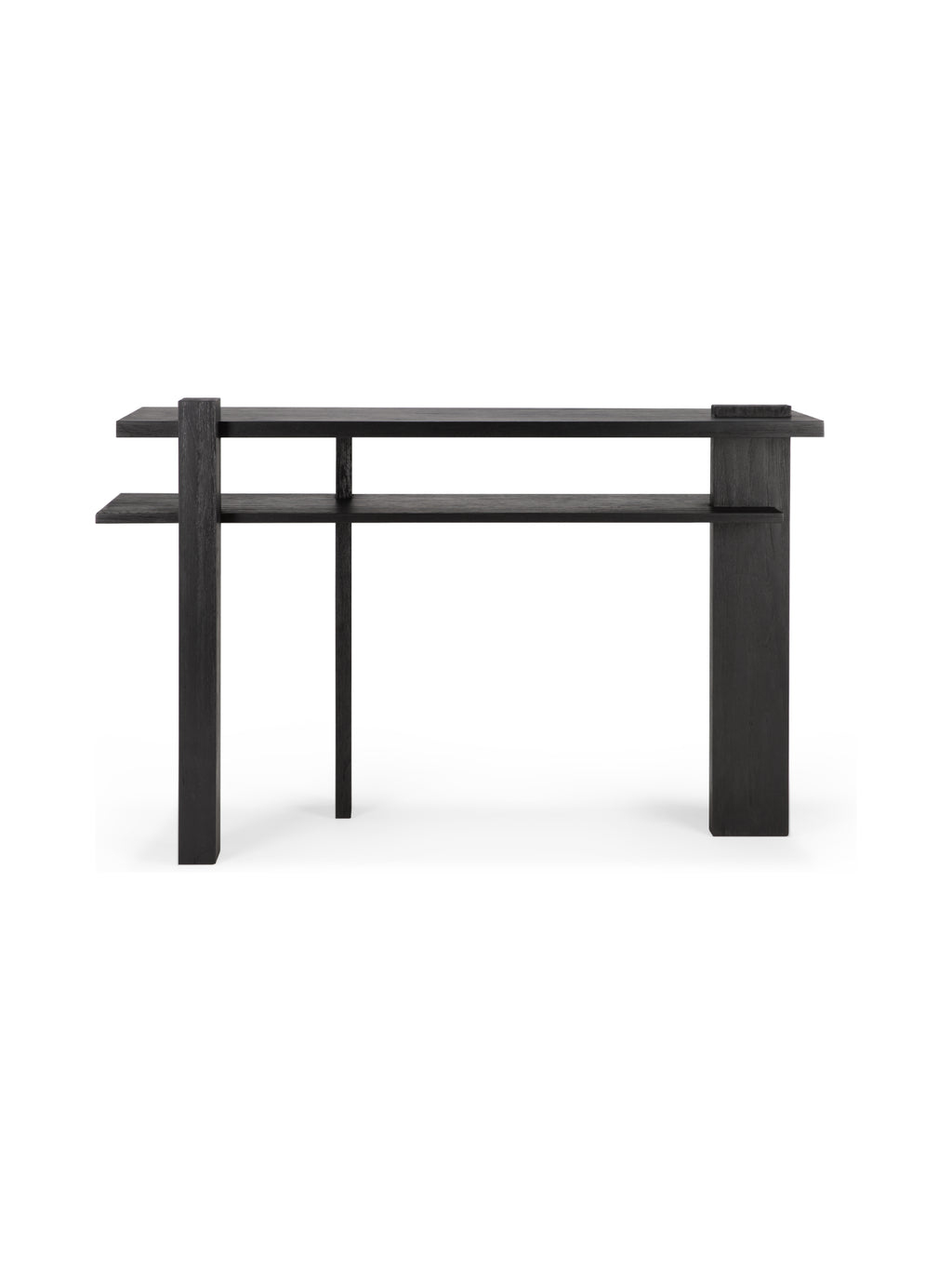 Ethnicraft Abstract Console, a modern minimalist console table crafted from dark stained solid oak, featuring a bold architectural design with interlocking geometric planes and a rich, visible wood grain texture. This contemporary dark wood console table is ideal for an entryway, living room, or hallway, offering stylish storage and display for sophisticated, design-conscious interiors.