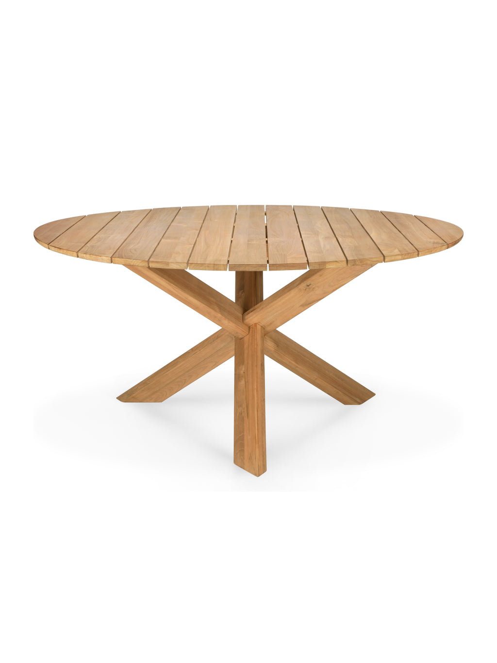 Ethnicraft Circle Outdoor Dining Table, crafted from premium light brown teak wood slats forming an oval top, supported by a sturdy crisscross base, displayed on a clean white background.