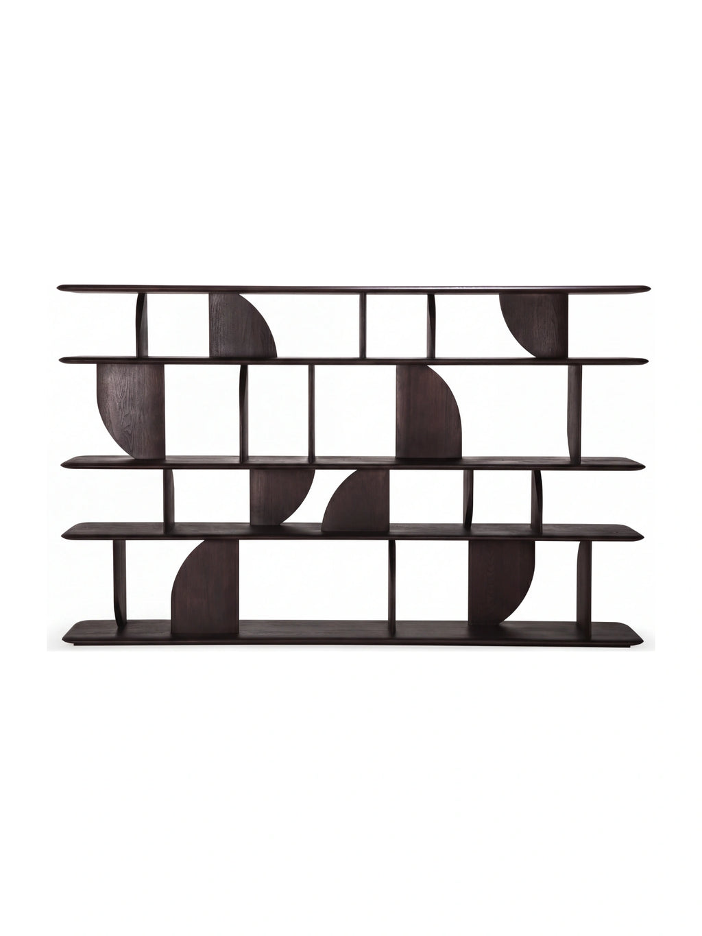 Ethnicraft Geometric Rack, a wide, dark brown varnished teak bookcase with a captivating, open geometric pattern. This elegant and modern design features curved and straight dividers, creating a dynamic and stylish storage solution on a white background.