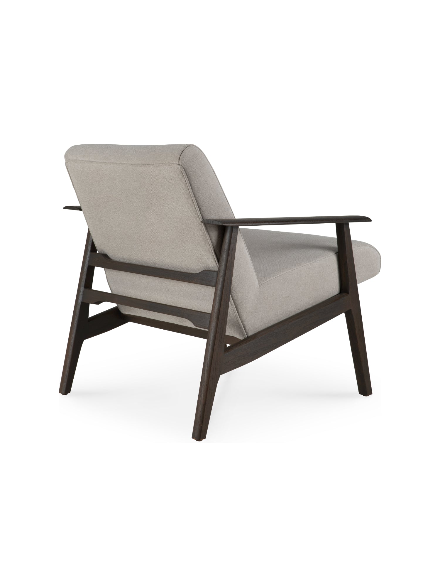 Ethnicraft Aspekt Lounge Chair, varnished teak in Dark Brown with a Warm Ash fabric cushion, showcasing its elegant back profile and sturdy wooden frame on a white background.