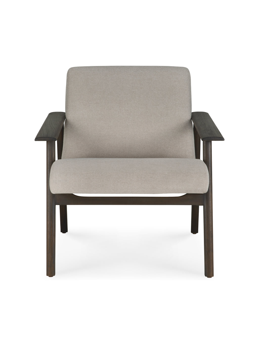 Ethnicraft Aspekt Lounge Chair, varnished teak in Dark Brown with a Warm Ash fabric cushion, presented from the front, highlighting its comfortable, inviting design on a white background.