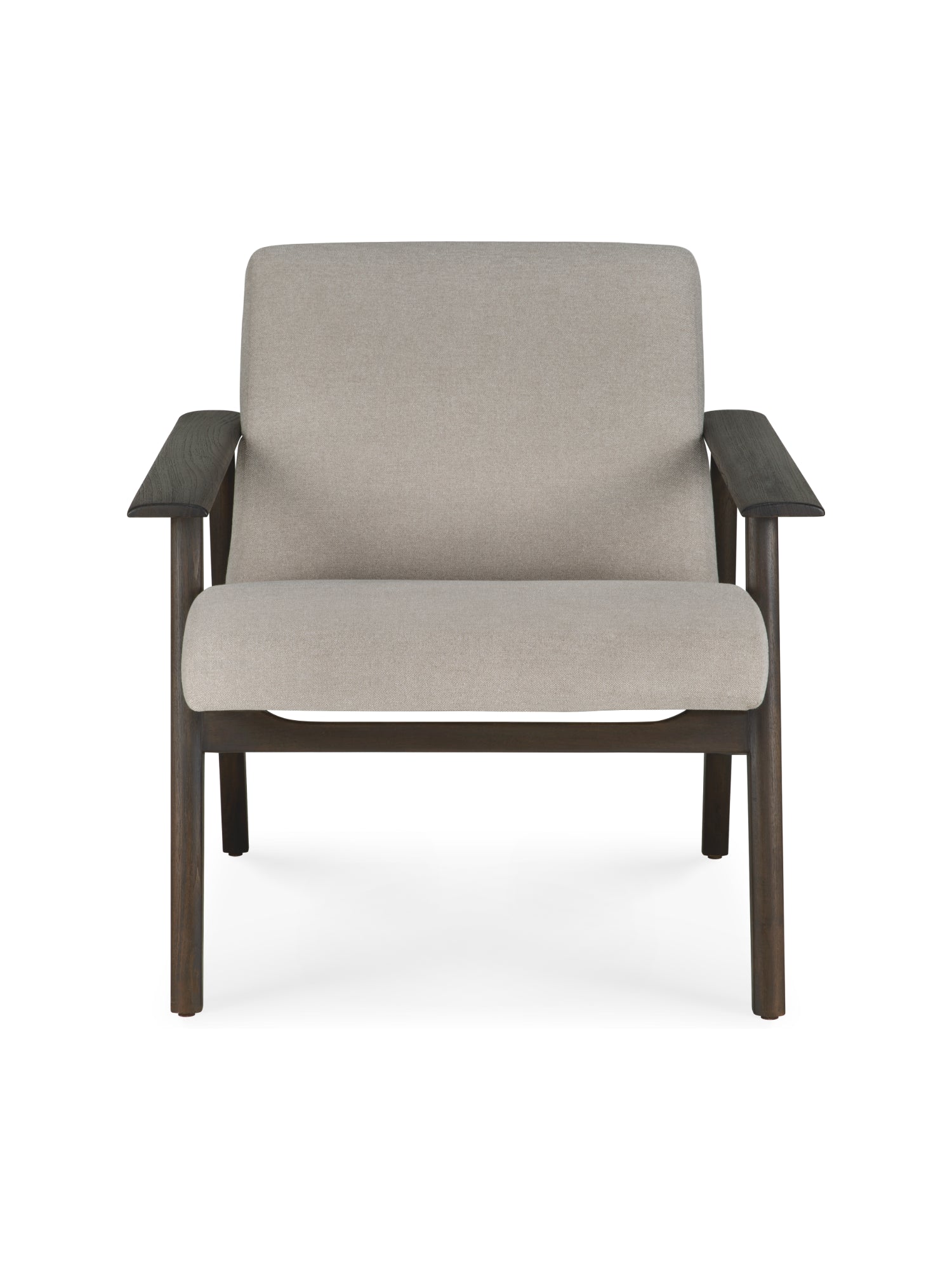 Ethnicraft Aspekt Lounge Chair, varnished teak in Dark Brown with a Warm Ash fabric cushion, presented from the front, highlighting its comfortable, inviting design on a white background.