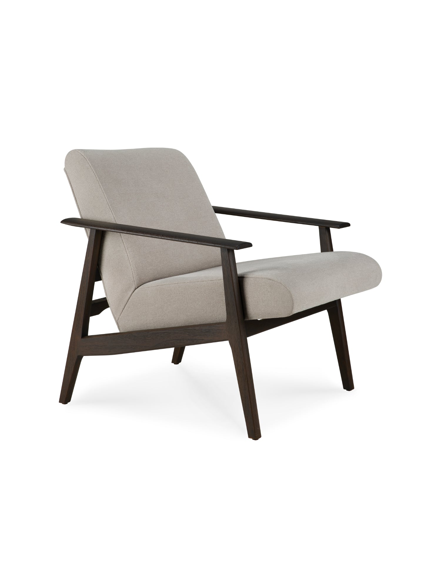 Ethnicraft Aspekt Lounge Chair, varnished teak in Dark Brown with a Warm Ash fabric cushion, viewed from the side, emphasizing its sleek lines and ergonomic design on a white background.