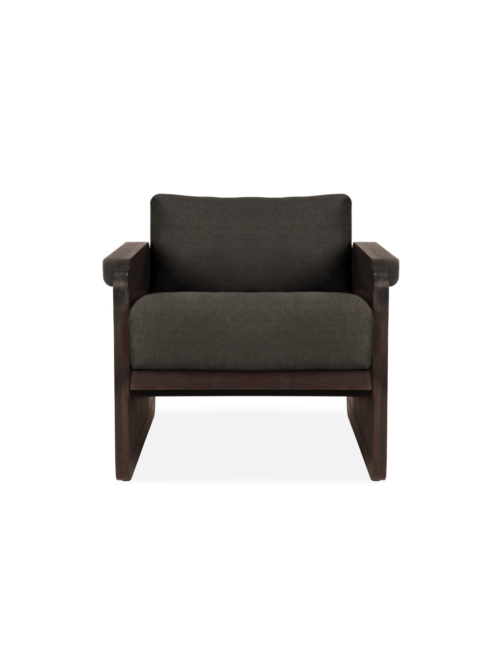 Ethnicraft Panel Lounge Chair, a modern piece with a dark brown varnished teak frame, natural woven rattan sides, and a deep dark grey linen fabric cushion, displayed on white.