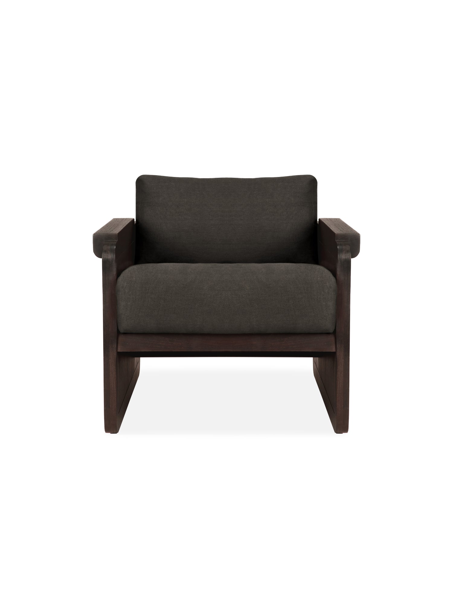 Ethnicraft Panel Lounge Chair, a modern piece with a dark brown varnished teak frame, natural woven rattan sides, and a deep dark grey linen fabric cushion, displayed on white.