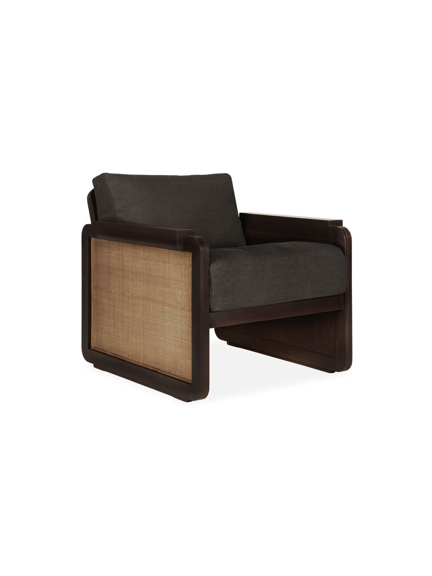 Ethnicraft Panel Lounge Chair, presented from a three-quarter angle, highlighting the rich dark brown varnished teak frame, woven rattan side, and soft dark grey linen fabric cushion, on white.