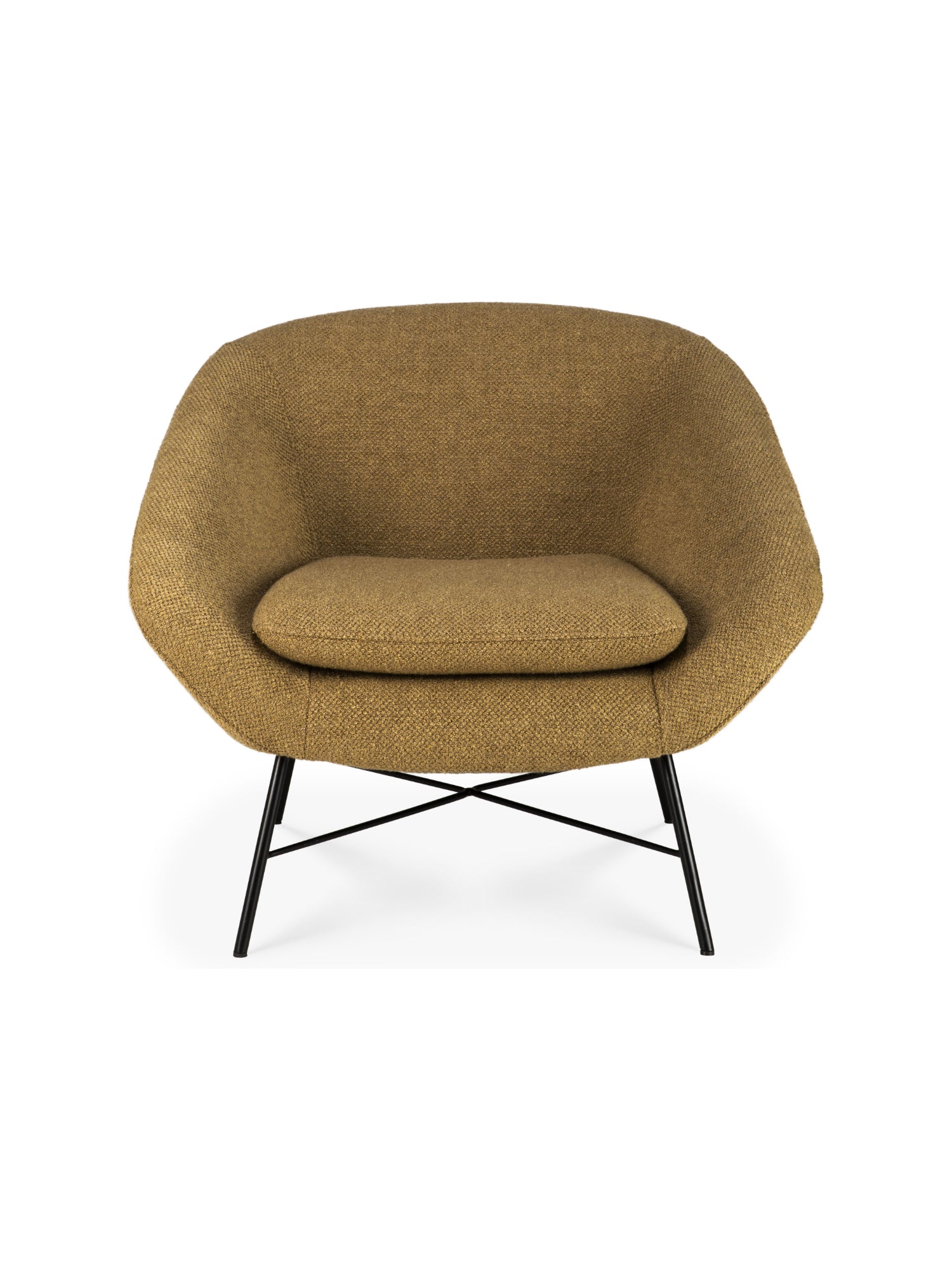 Ethnicraft Barrow Lounge Chair in a warm ginger-brown textured fabric, showcasing its comfortable, rounded design and elegant black metal cross-base, presented on a white background.