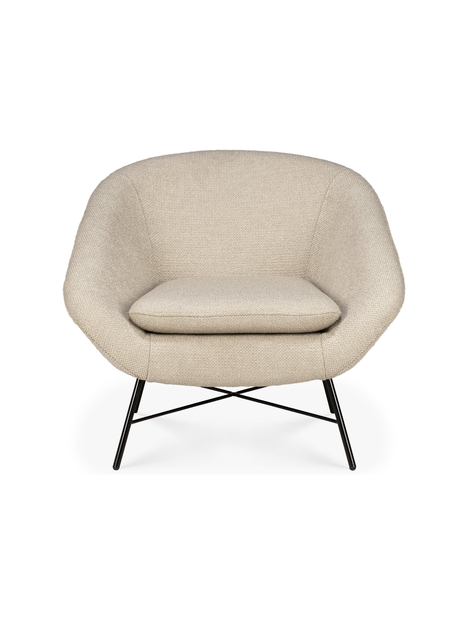 Ethnicraft Barrow Lounge Chair in a sophisticated off-white textured fabric, boasting a contemporary, rounded design with a sturdy black metal cross-base, presented on a white background.