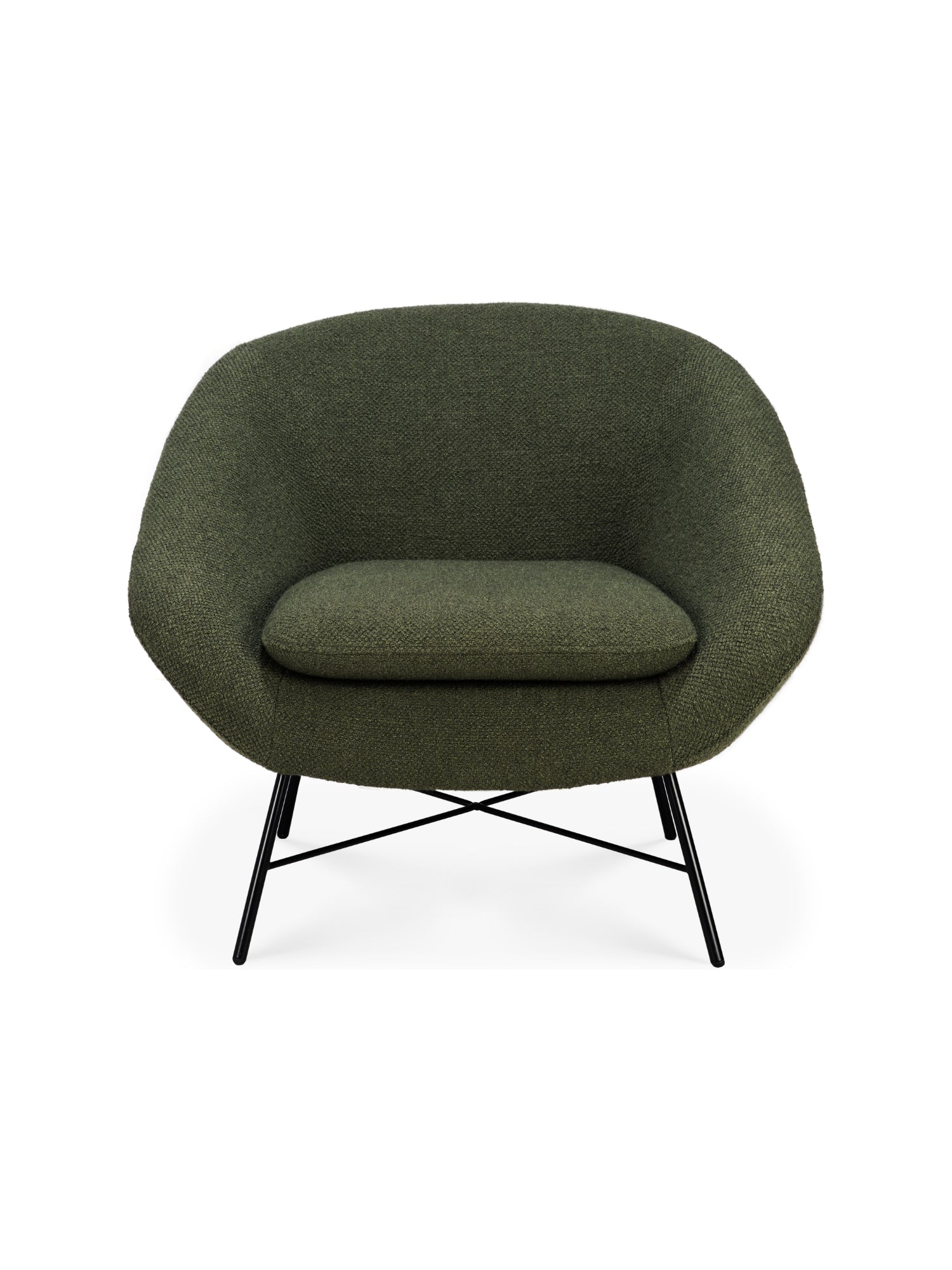 Ethnicraft Barrow Lounge Chair in a deep Pine Green textured fabric, featuring a modern, inviting rounded form and a stylish black metal cross-base, displayed on a white background.