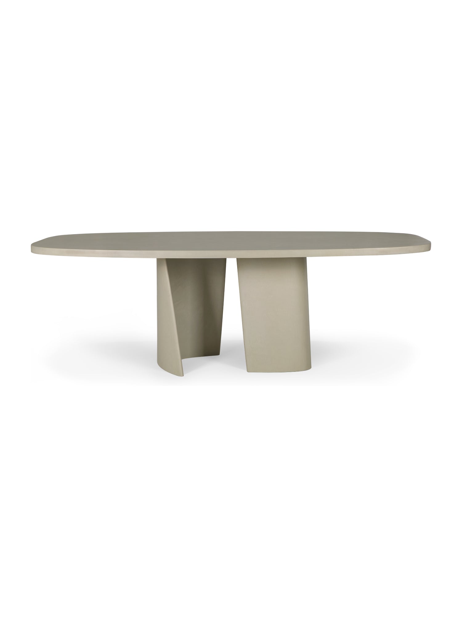 Ethnicraft Canyon Outdoor Dining Table, a modern oval table in light grey concrete, featuring two robust, curved pedestal bases, providing a minimalist and elegant aesthetic on a white background.