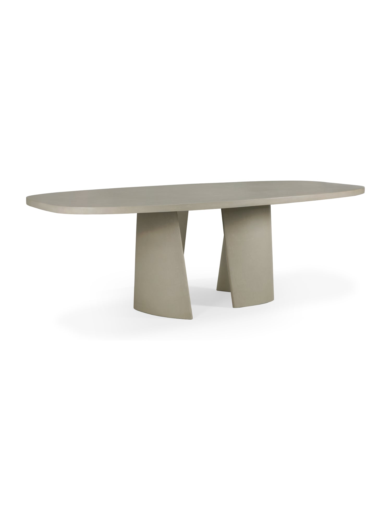 Ethnicraft Canyon Outdoor Dining Table, a contemporary oval table in light grey concrete, featuring two sturdy, angular pedestal bases, offering a clean and architectural profile on a white background.