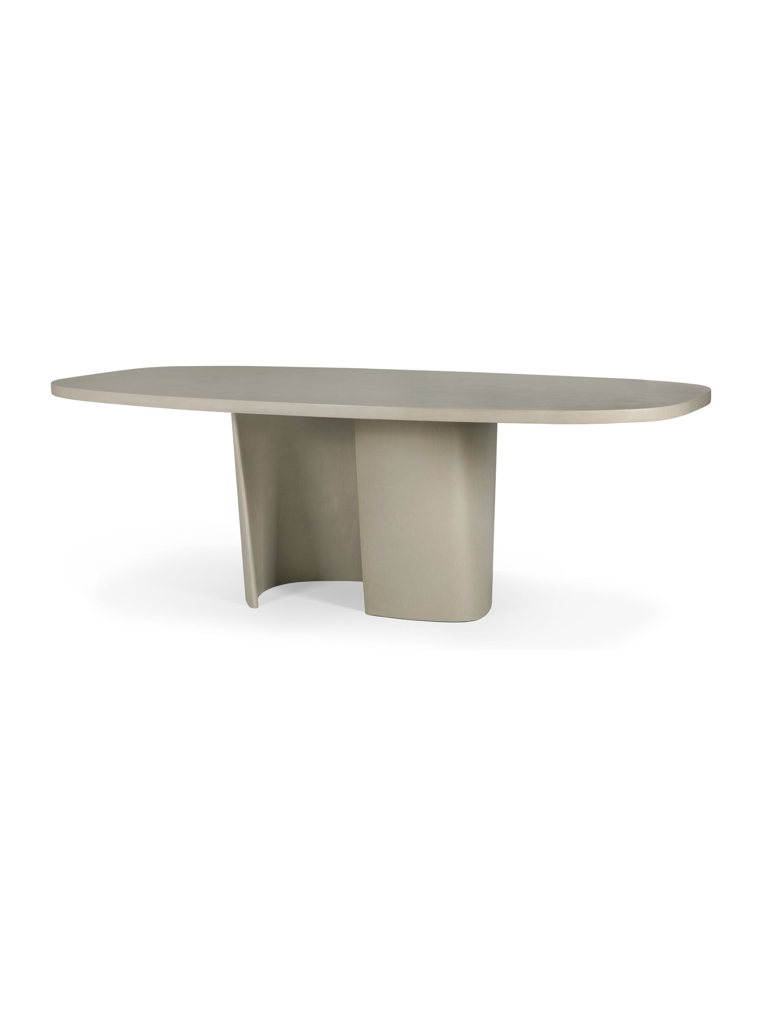 Ethnicraft Canyon Outdoor Dining Table, an elegant oval table in light grey concrete, showcasing its smooth finish and two distinctive curved pedestal bases, presented on a white background.