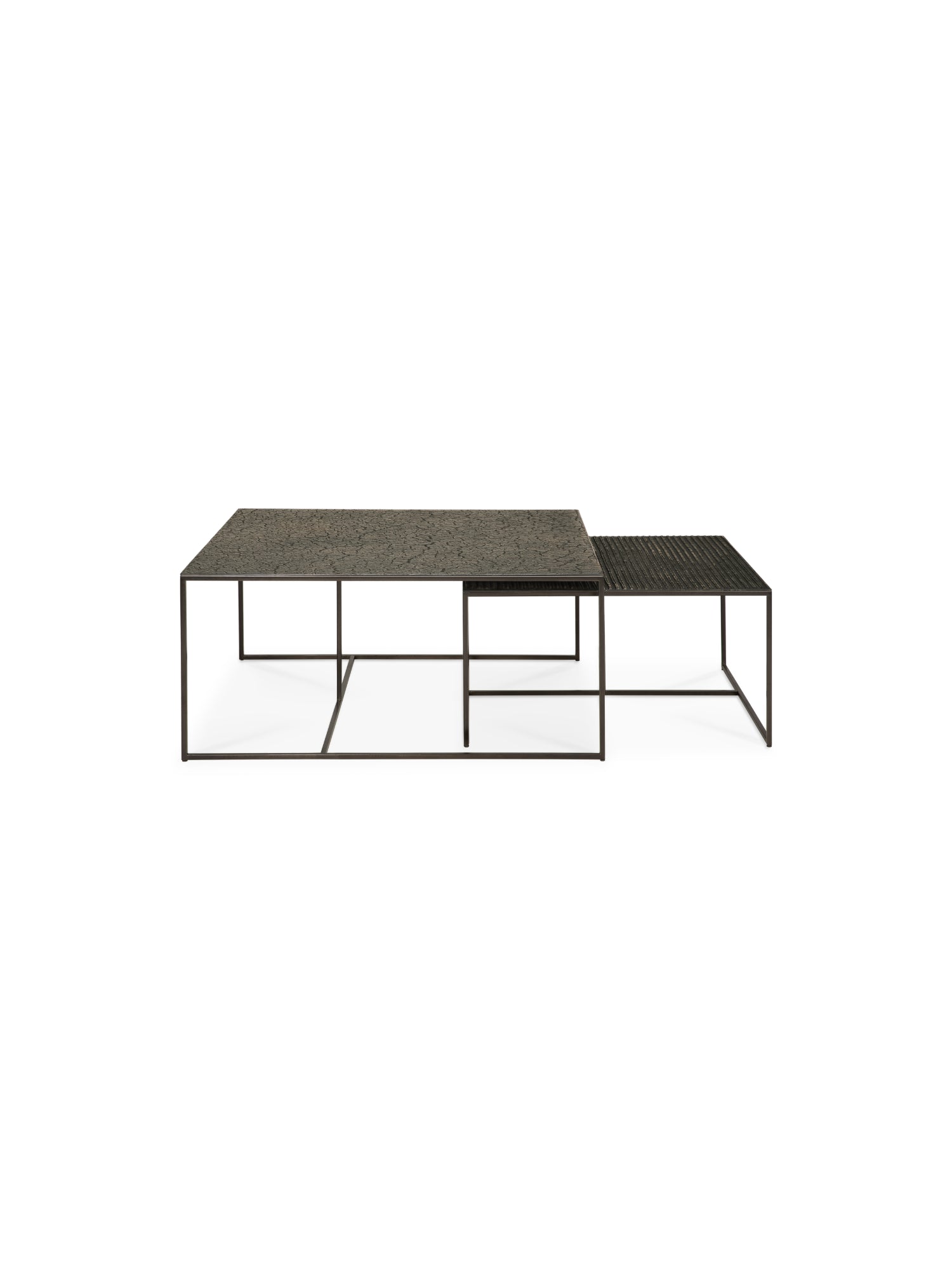Ethnicraft Pentagon Nesting Coffee Table Set, two modern rectangular tables with dark metal frames and textured, dark grey tabletops, nested together on a white background.