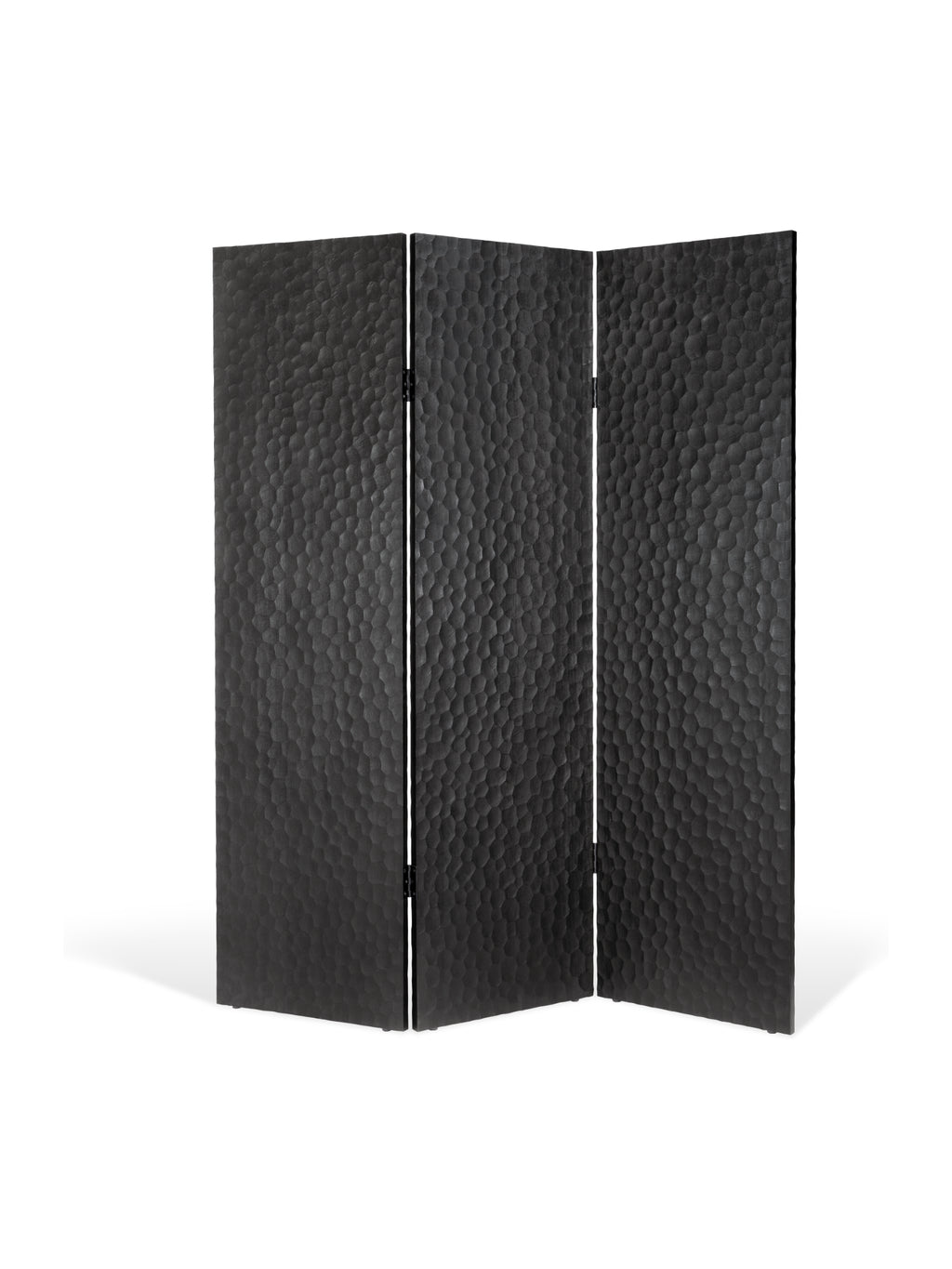Ethnicraft Chopped Room Divider, a striking three-panel screen in varnished mahogany black, showcasing its distinctive textured, hammered surface design, presented on a white background.