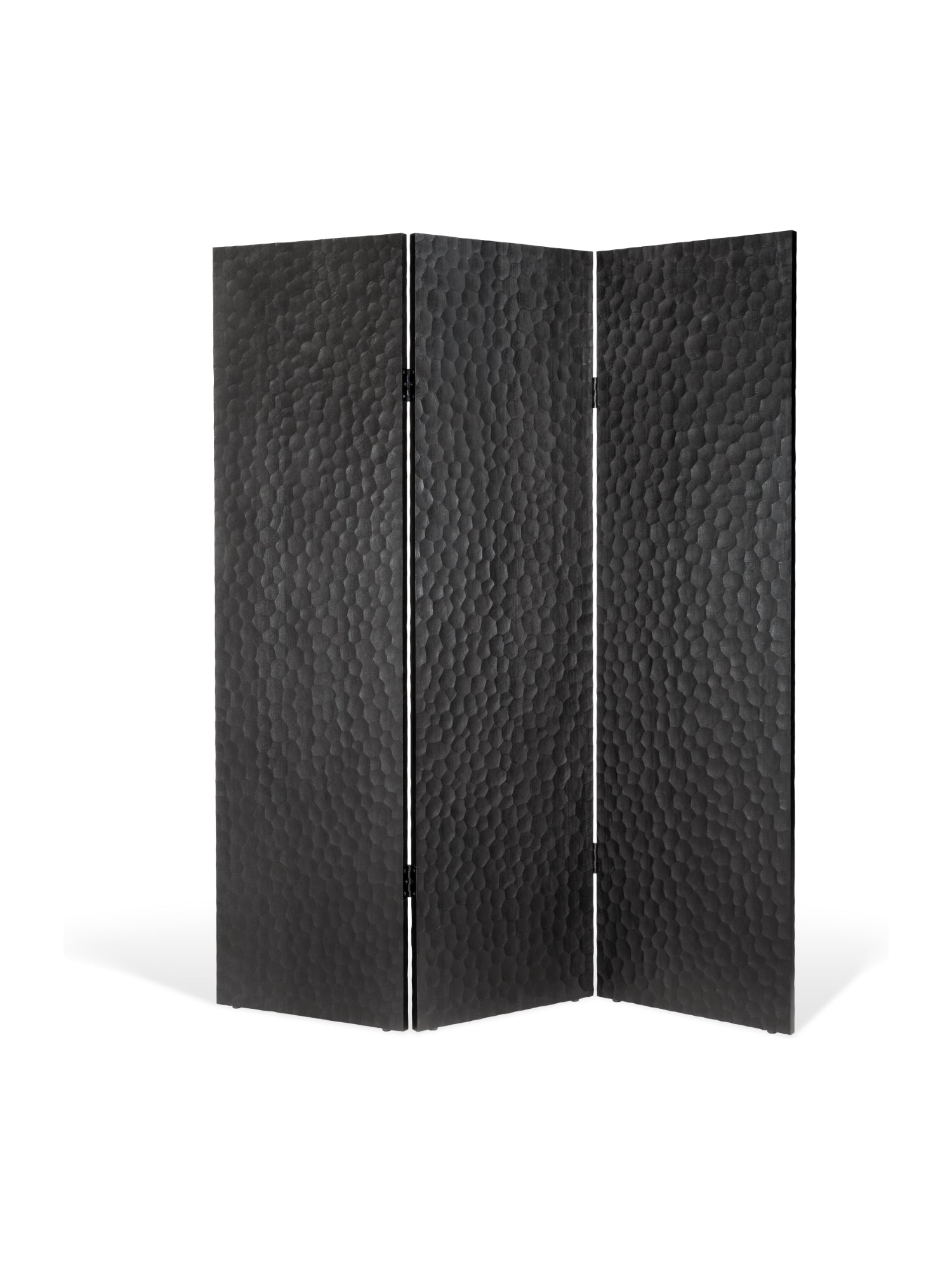 Ethnicraft Chopped Room Divider, a striking three-panel screen in varnished mahogany black, showcasing its distinctive textured, hammered surface design, presented on a white background.