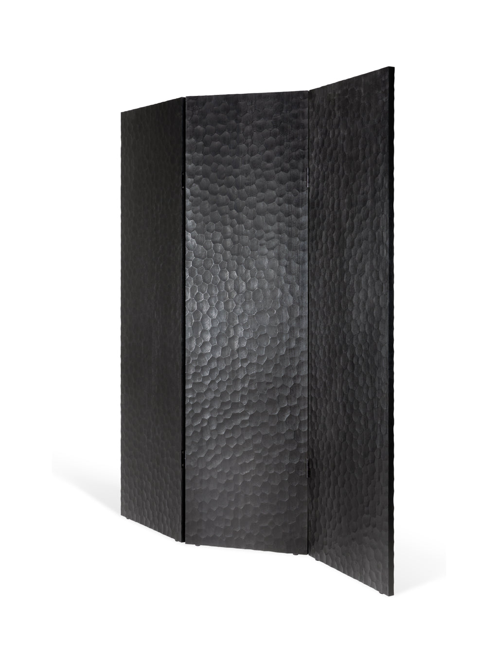 Ethnicraft Chopped Room Divider, a three-panel screen in varnished mahogany black, featuring a unique textured, hammered surface pattern, viewed from a side angle on a white background.