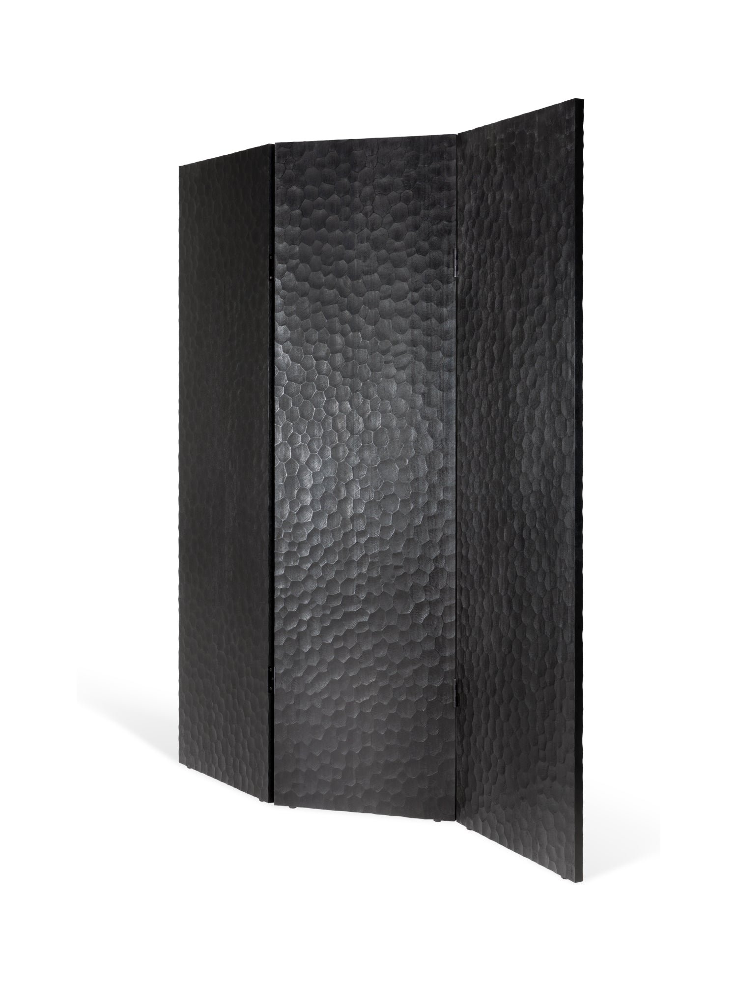 Ethnicraft Chopped Room Divider, a three-panel screen in varnished mahogany black, featuring a unique textured, hammered surface pattern, viewed from a side angle on a white background.