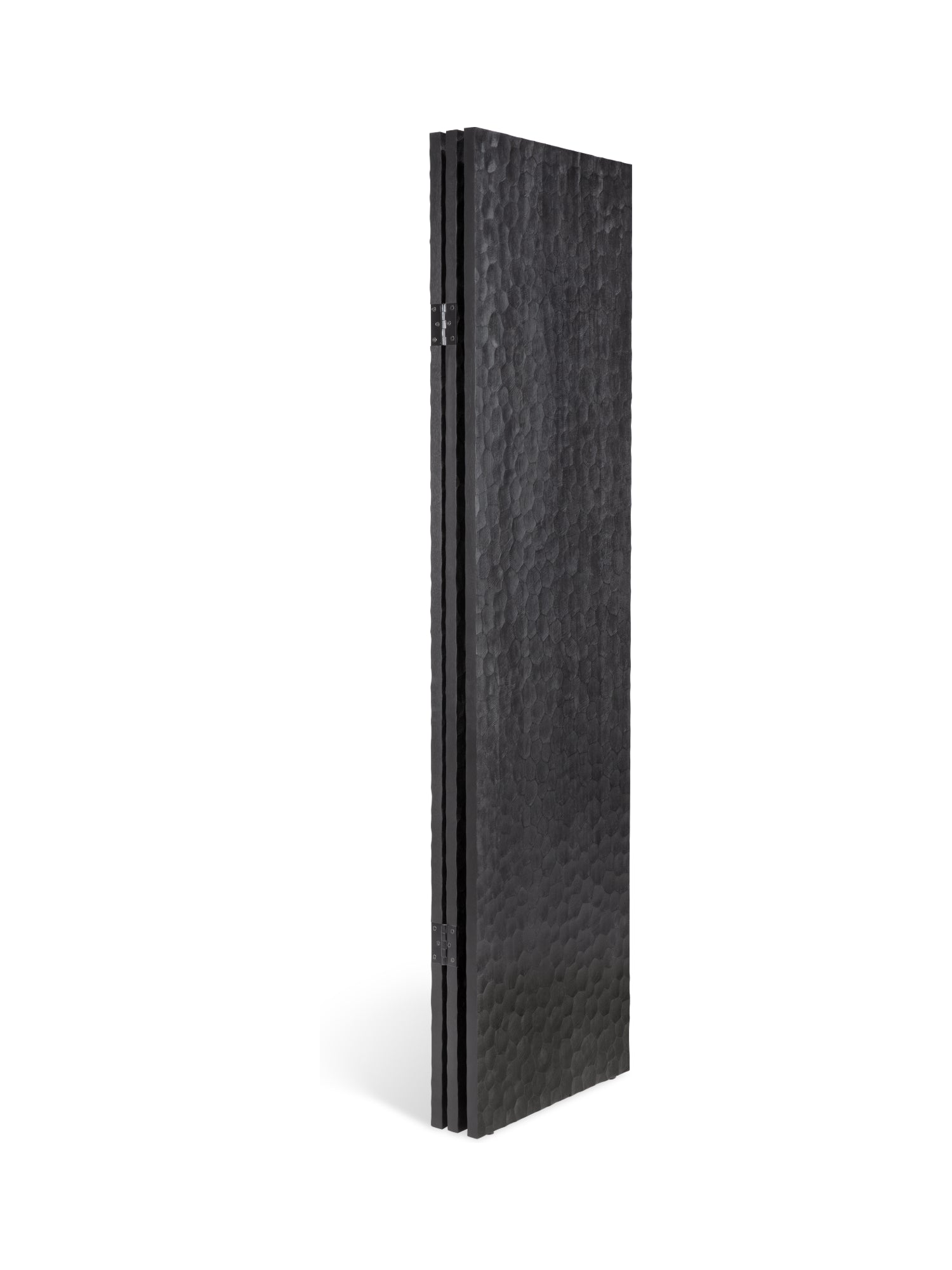 Ethnicraft Chopped Room Divider, a sleek three-panel screen in varnished mahogany black, featuring a unique textured, hammered surface, viewed from a narrow side angle on a white background.