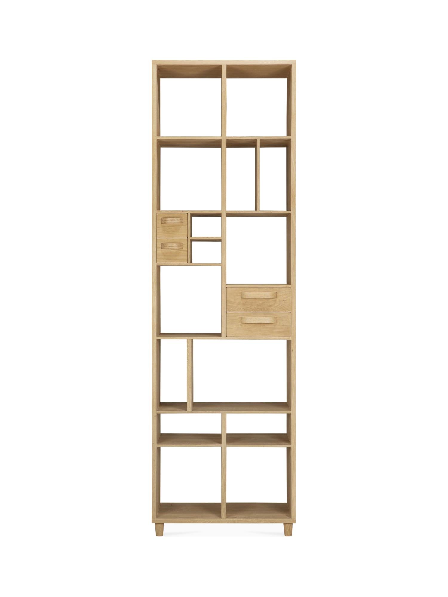 Ethnicraft Pirouette Rack, a tall, light oak bookcase with an intricate, asymmetrical grid design. It features various sized open shelves and two small drawers, providing a modern and artistic storage solution, displayed on a white background.