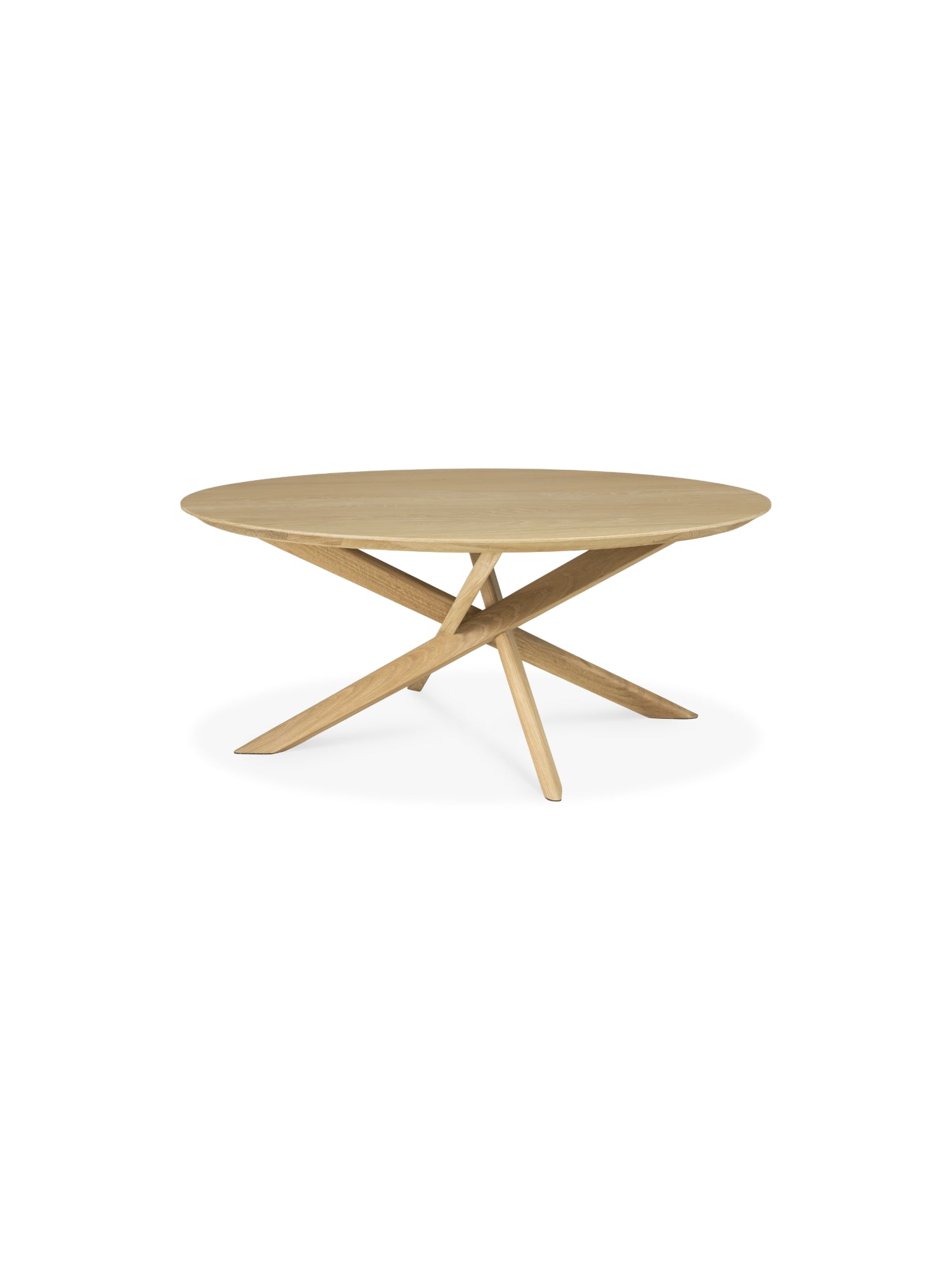 Ethnicraft Mikado Coffee Table, a round, light oak wood coffee table with a unique, interlocking cross-leg base design, displayed on a clean white background.