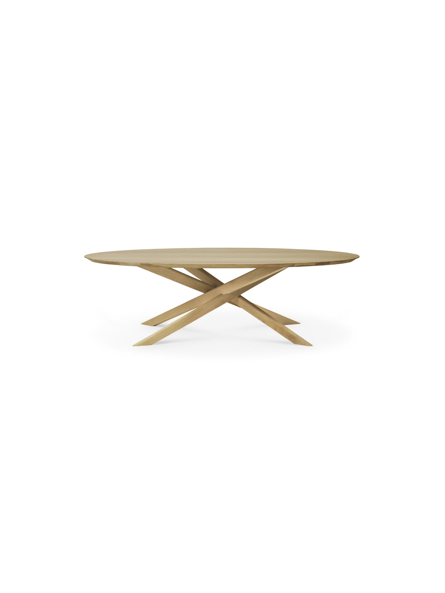 Ethnicraft Mikado Coffee Table, an elegant oval-shaped table crafted from natural oak wood, featuring a unique, intricate criss-cross base design, displayed on a white background.