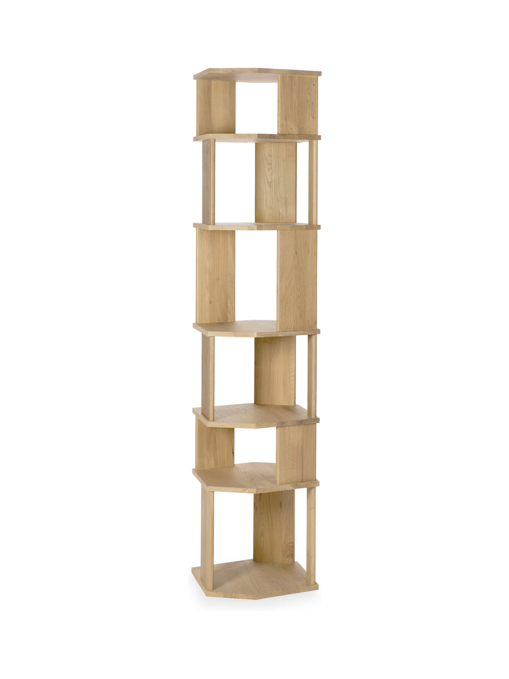 Ethnicraft Stairs Column, a natural oak corner shelving unit with a light wood grain, featuring five open, alternating hexagonal shelves. This minimalist and functional design is showcased on a crisp white background, offering versatile storage.