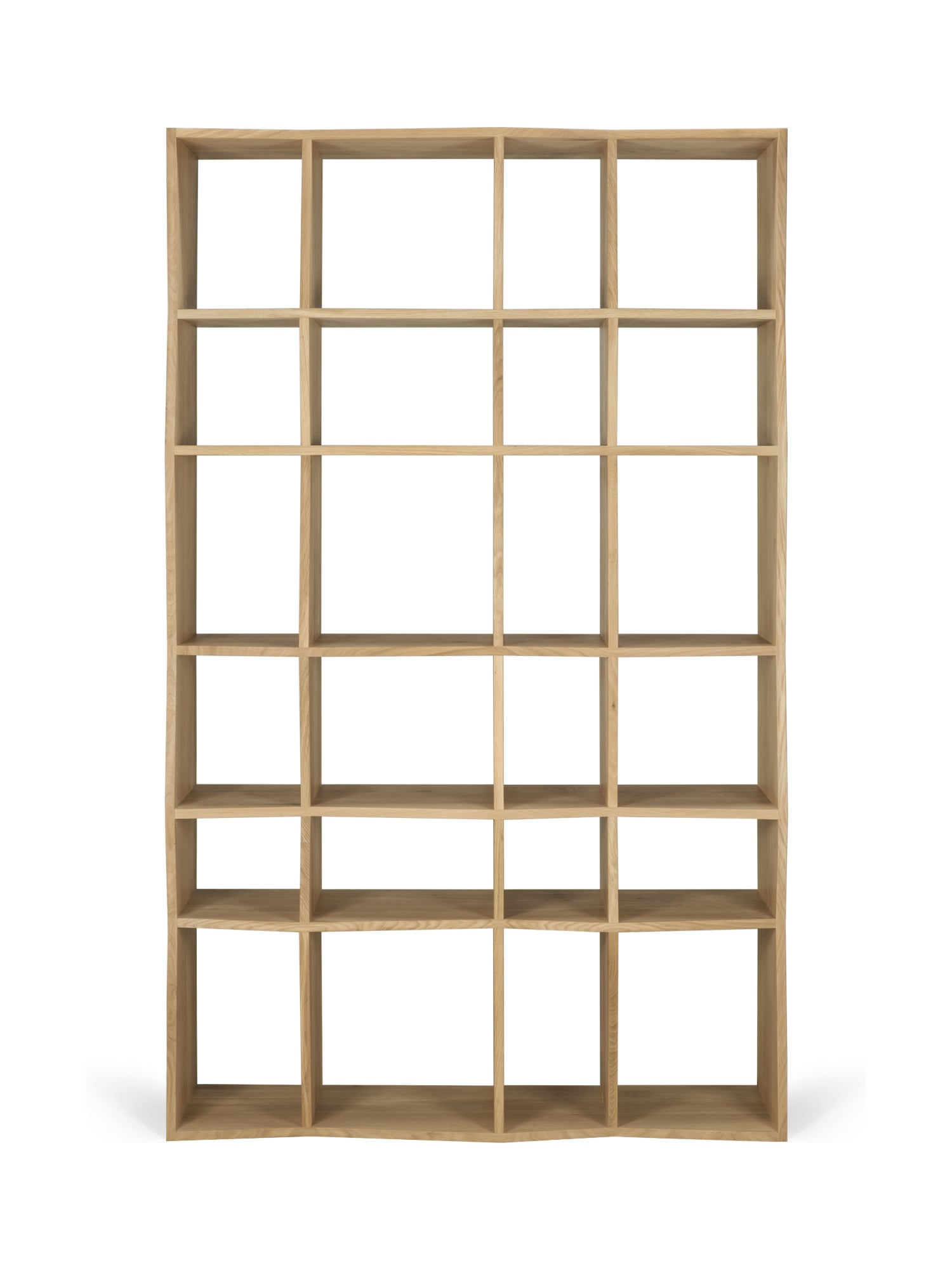 Ethnicraft Z Rack, a large, natural oak open shelving unit with a unique, undulating 'Z' shaped frame. This contemporary and spacious design offers ample storage, showcasing its light wood grain and sturdy construction on a white background.