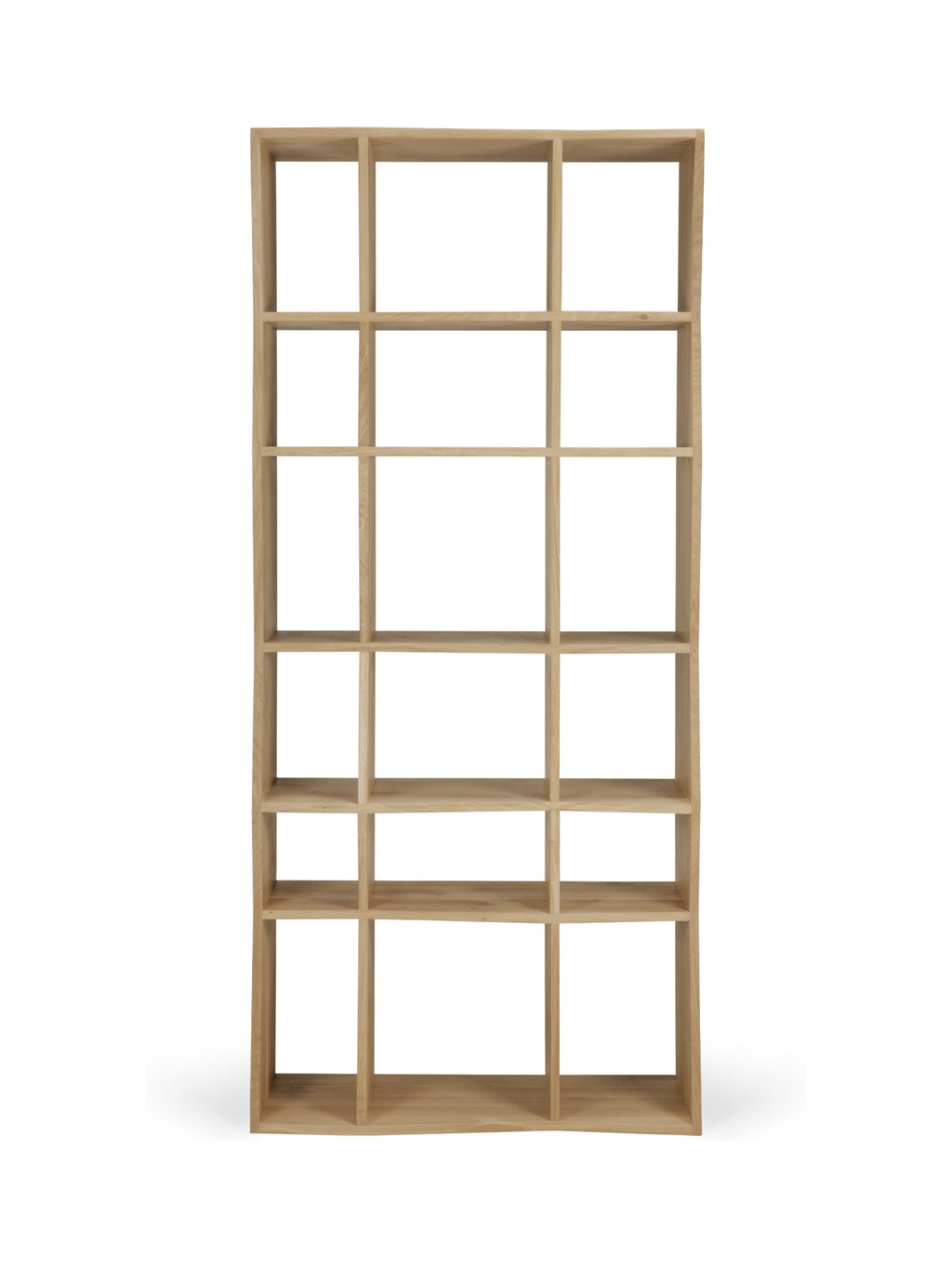 Ethnicraft Z Rack, a tall, natural oak open shelving unit with a distinctive, vertical 'Z' shaped frame. This modern and airy design provides generous storage space, highlighting its light wood grain and clean lines on a white background.