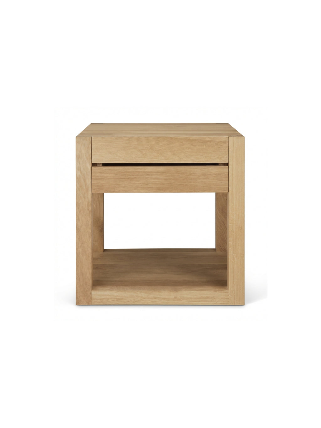 Ethnicraft Azur Bedside Table, a modern minimalist nightstand crafted from light natural solid oak wood, featuring a clean, rectangular silhouette with a single spacious drawer and an open lower shelf for storage. Its smooth wood grain and recessed drawer pull enhance its contemporary Scandinavian design, making this versatile solid oak bedside table perfect for modern bedrooms or as a chic side table in a living room.