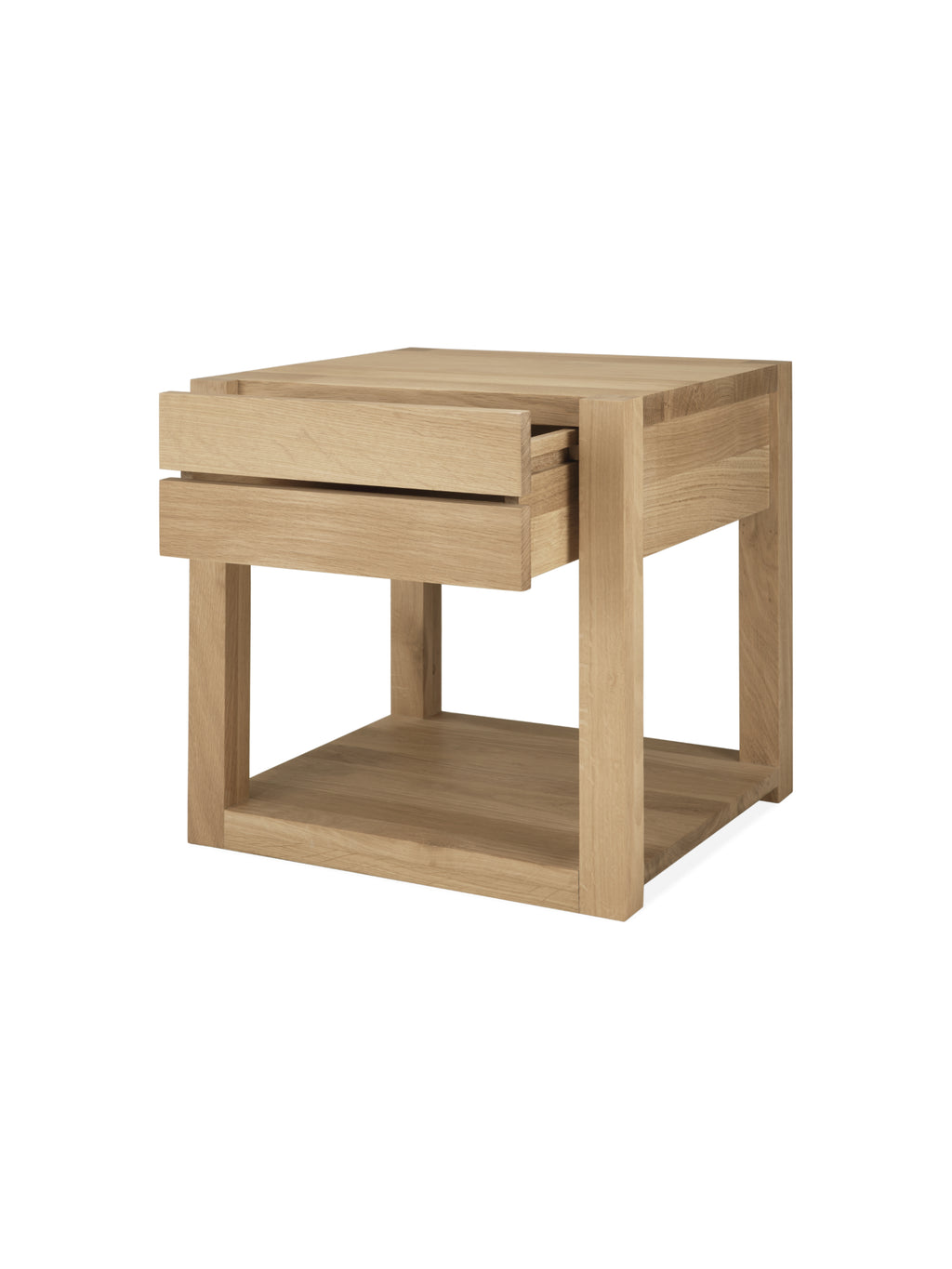 Ethnicraft Azur Bedside Table, a modern minimalist solid oak nightstand featuring a clean square silhouette, a single smooth-gliding drawer, and an open lower shelf for storage. Crafted from natural light oak wood with visible grain, this versatile piece offers understated Scandinavian design. Ideal as a contemporary bedside table for bedrooms or a stylish end table in living rooms.